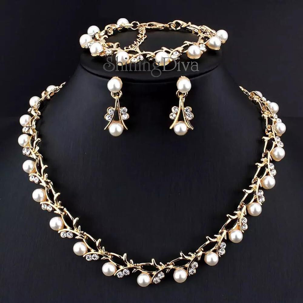 Shining Diva Fashion Stylish Combo 18k Gold Plated Pearl Necklace Earrings Bracelet Jewellery Set for Women and Girls (sd10333s)
