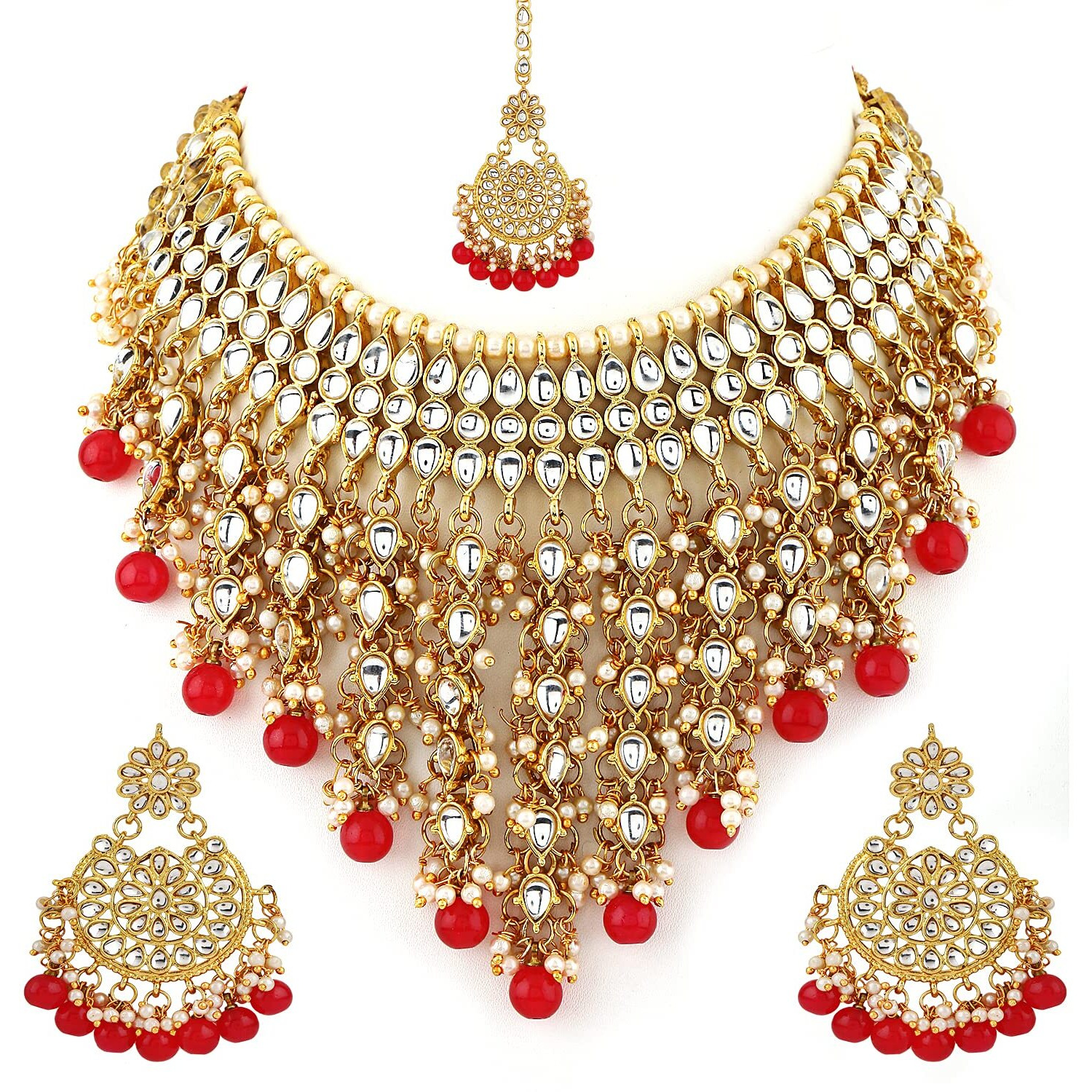 Shining Diva Fashion Latest Stylish Choker Traditional Pearl Kundan Necklace Jewellery Set for Women (Red)(12289s), One