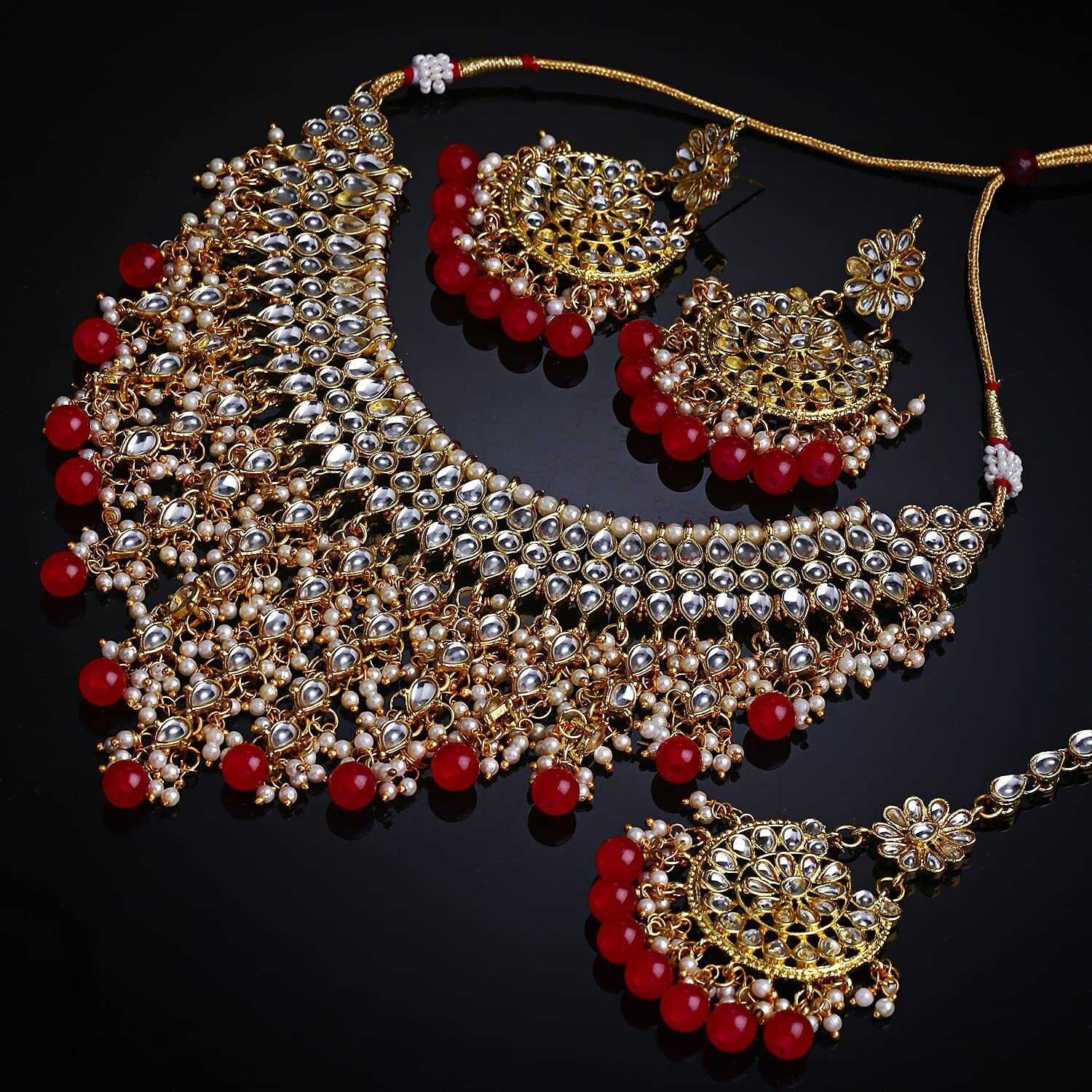 Shining Diva Fashion Latest Stylish Choker Traditional Pearl Kundan Necklace Jewellery Set for Women (Red)(12289s), One