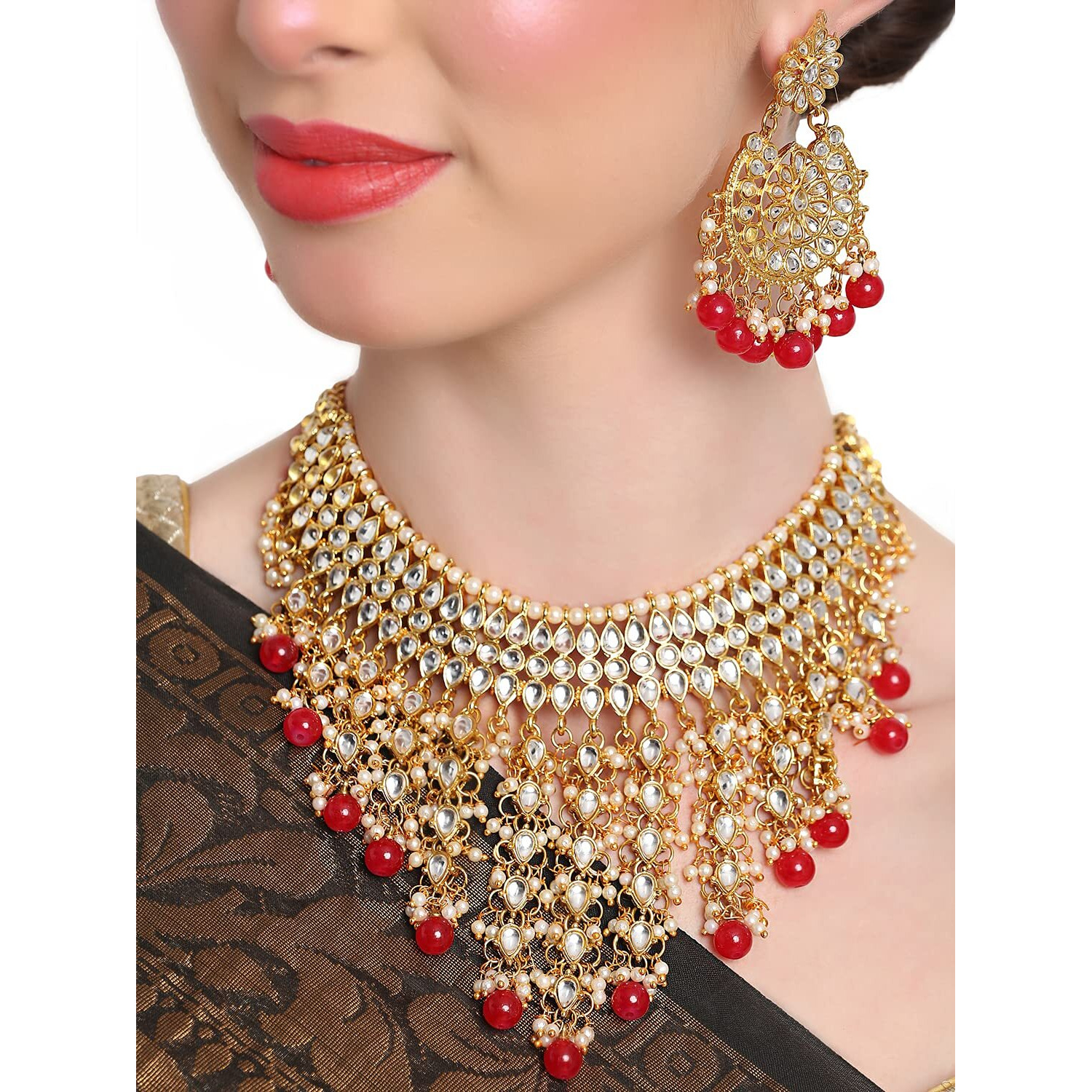 Shining Diva Fashion Latest Stylish Choker Traditional Pearl Kundan Necklace Jewellery Set for Women (Red)(12289s), One