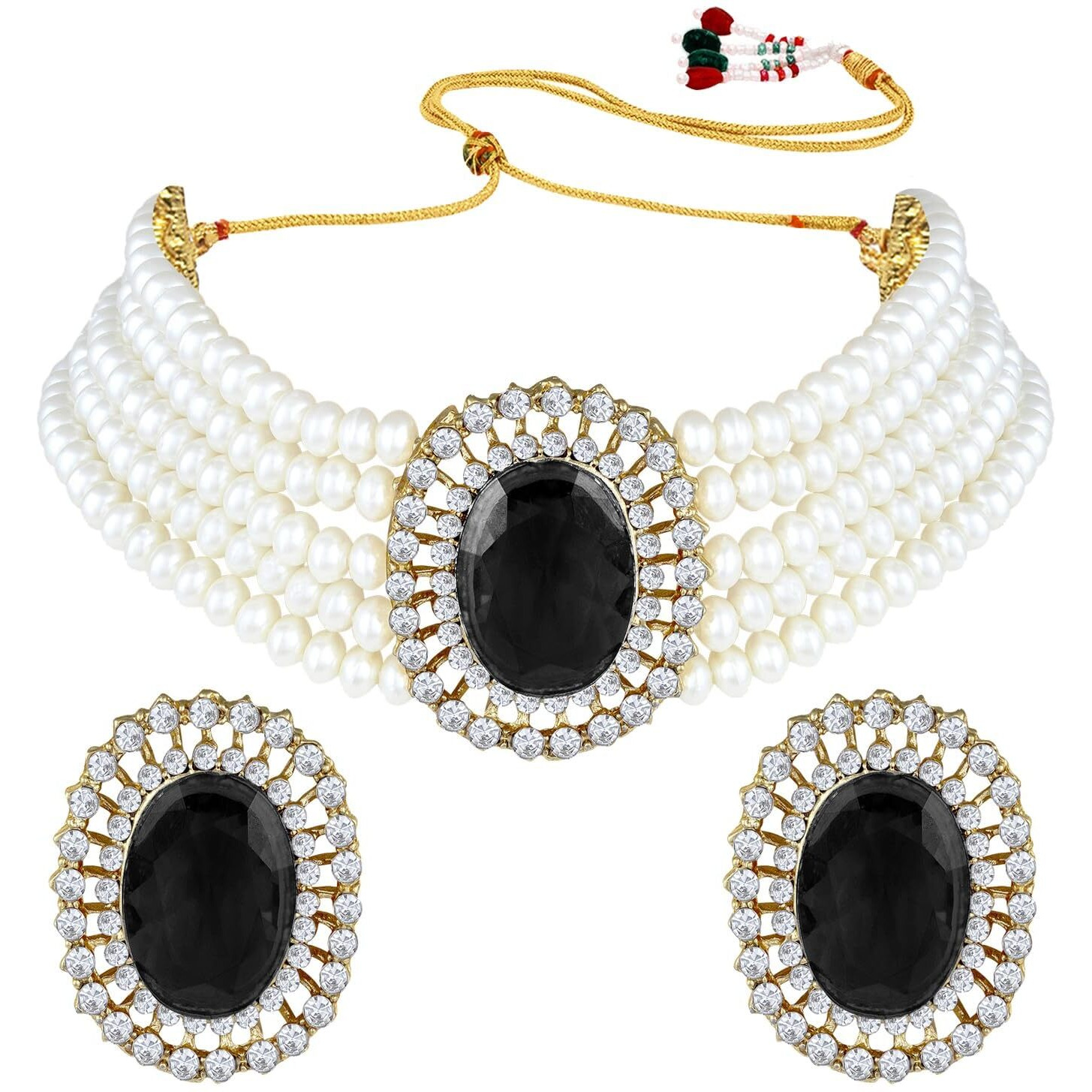 I Jewels Gold Plated Traditional Stone Studded Pearl Choker Necklace Jewellery Set For Women/Girls (ML316) (Black)
