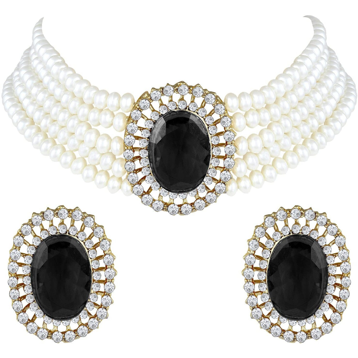 I Jewels Gold Plated Traditional Stone Studded Pearl Choker Necklace Jewellery Set For Women/Girls (ML316) (Black)