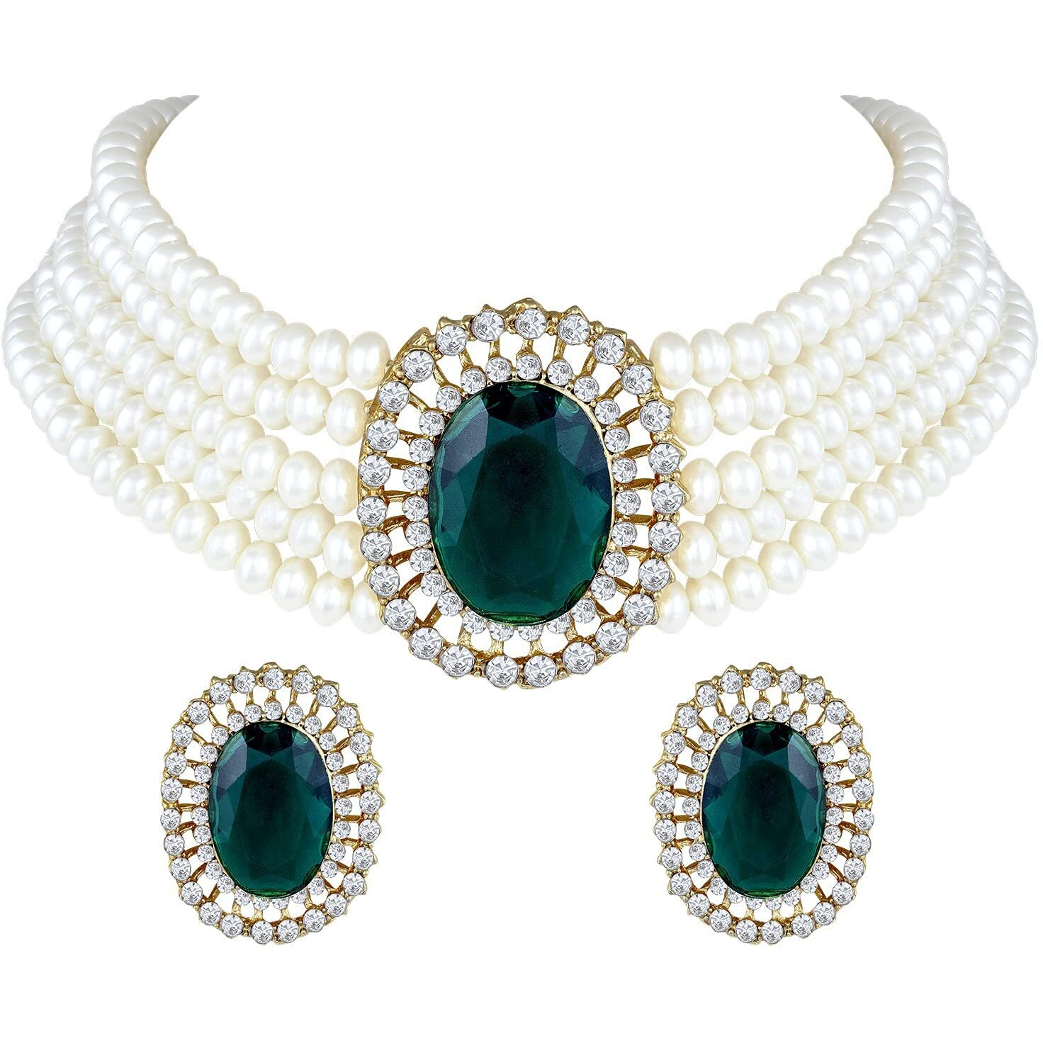 I Jewels Gold Plated Traditional Green Stone Studded Pearl Choker Necklace Jewellery Set For Women/Girls (ML316G)