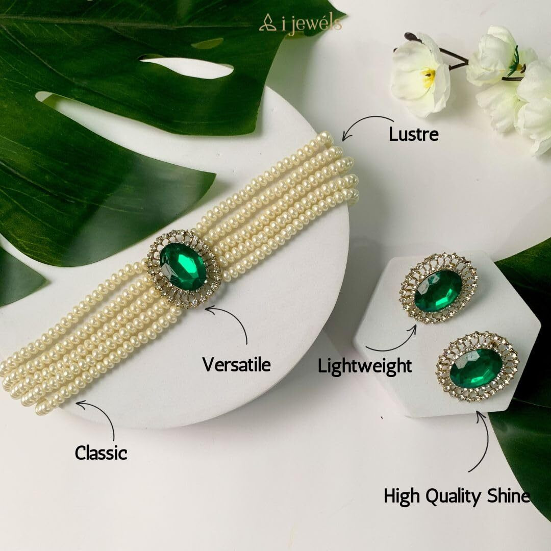 I Jewels Gold Plated Traditional Green Stone Studded Pearl Choker Necklace Jewellery Set For Women/Girls (ML316G)