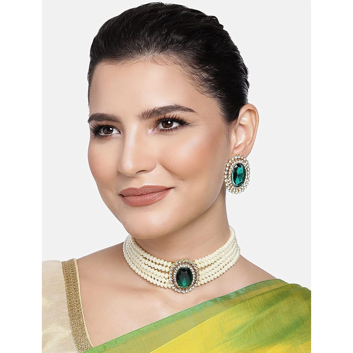 I Jewels Gold Plated Traditional Green Stone Studded Pearl Choker Necklace Jewellery Set For Women/Girls (ML316G)