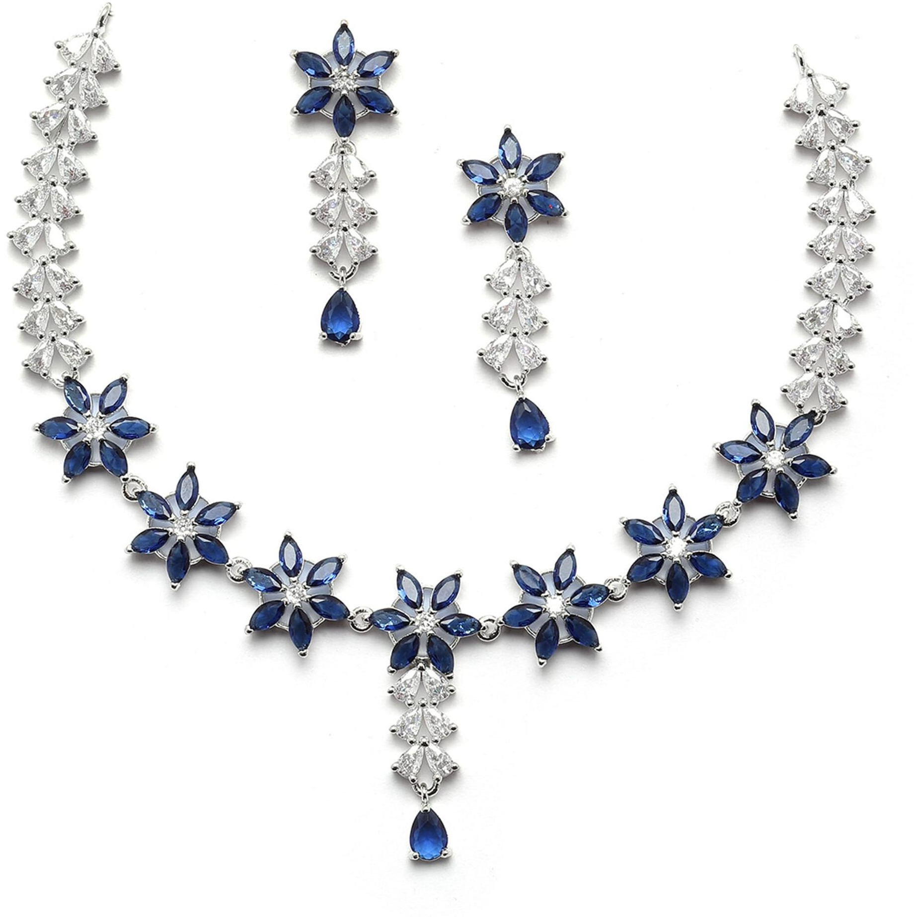 ZENEME Rhodium-Plated Silver Toned Star Shaped American Diamond Studded Necklace Earrings Jewellery Set for Girls and Women (Blue_Design_01)