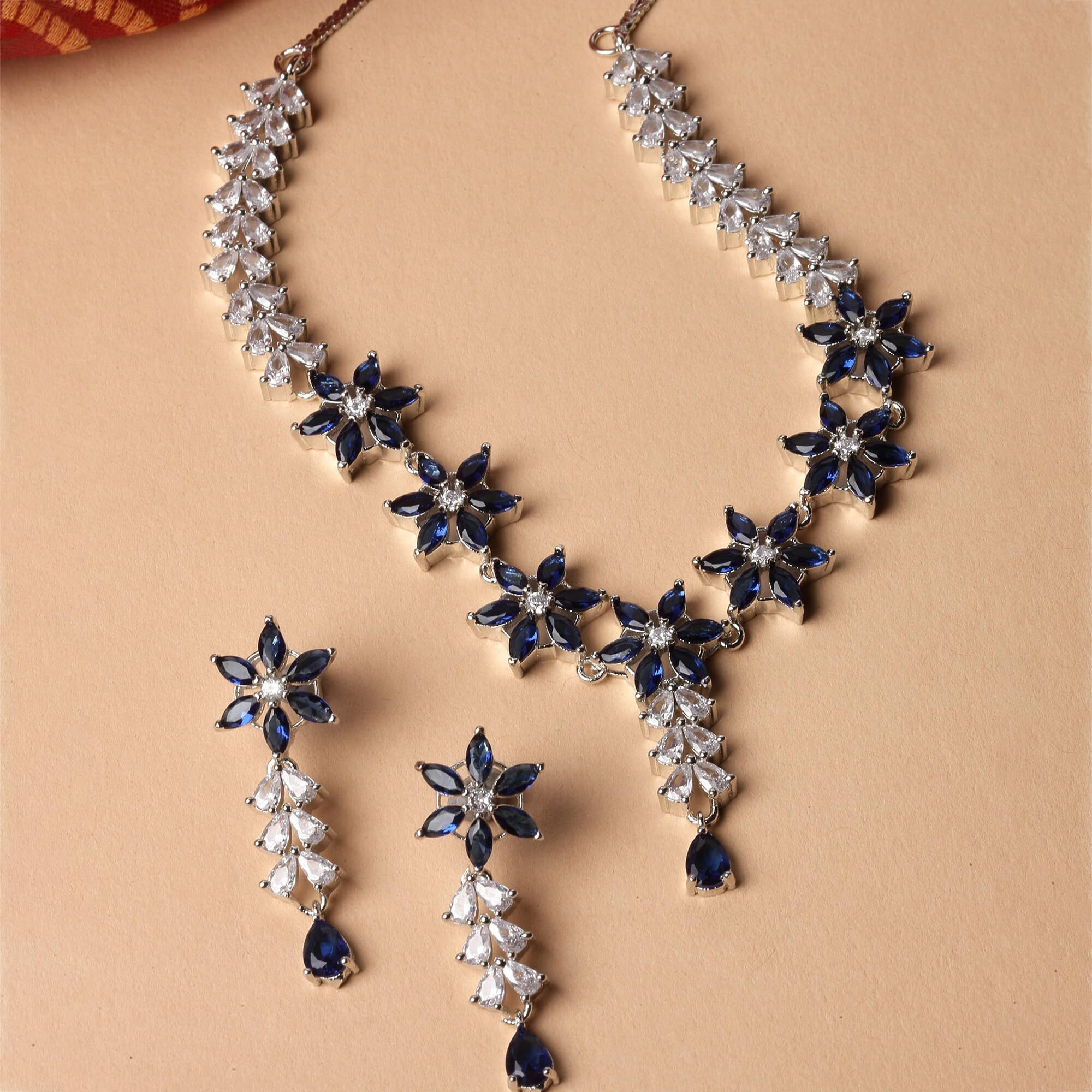 ZENEME Rhodium-Plated Silver Toned Star Shaped American Diamond Studded Necklace Earrings Jewellery Set for Girls and Women (Blue_Design_01)