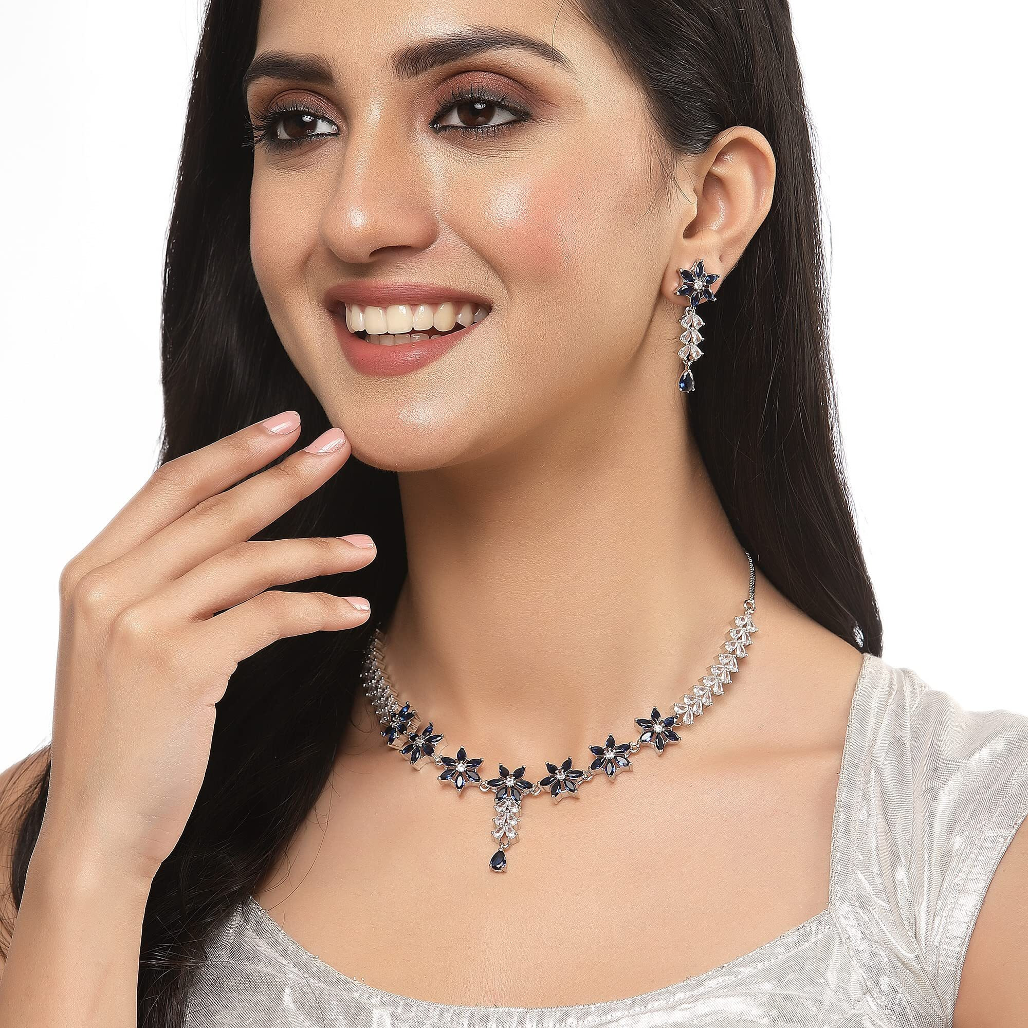ZENEME Rhodium-Plated Silver Toned Star Shaped American Diamond Studded Necklace Earrings Jewellery Set for Girls and Women (Blue_Design_01)