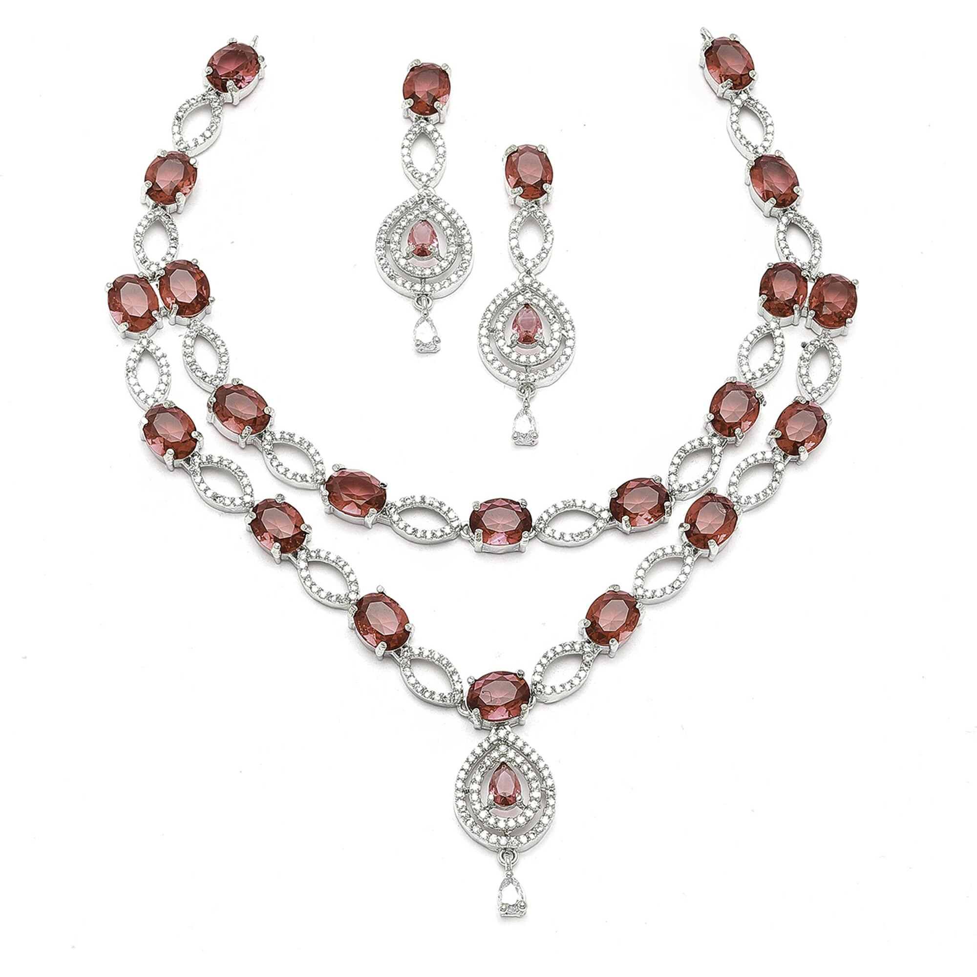 ZENEME Rhodium-Plated American Diamond Studded Abstract Necklace With Earrings Jewellery Set For Girls and Women (Red)
