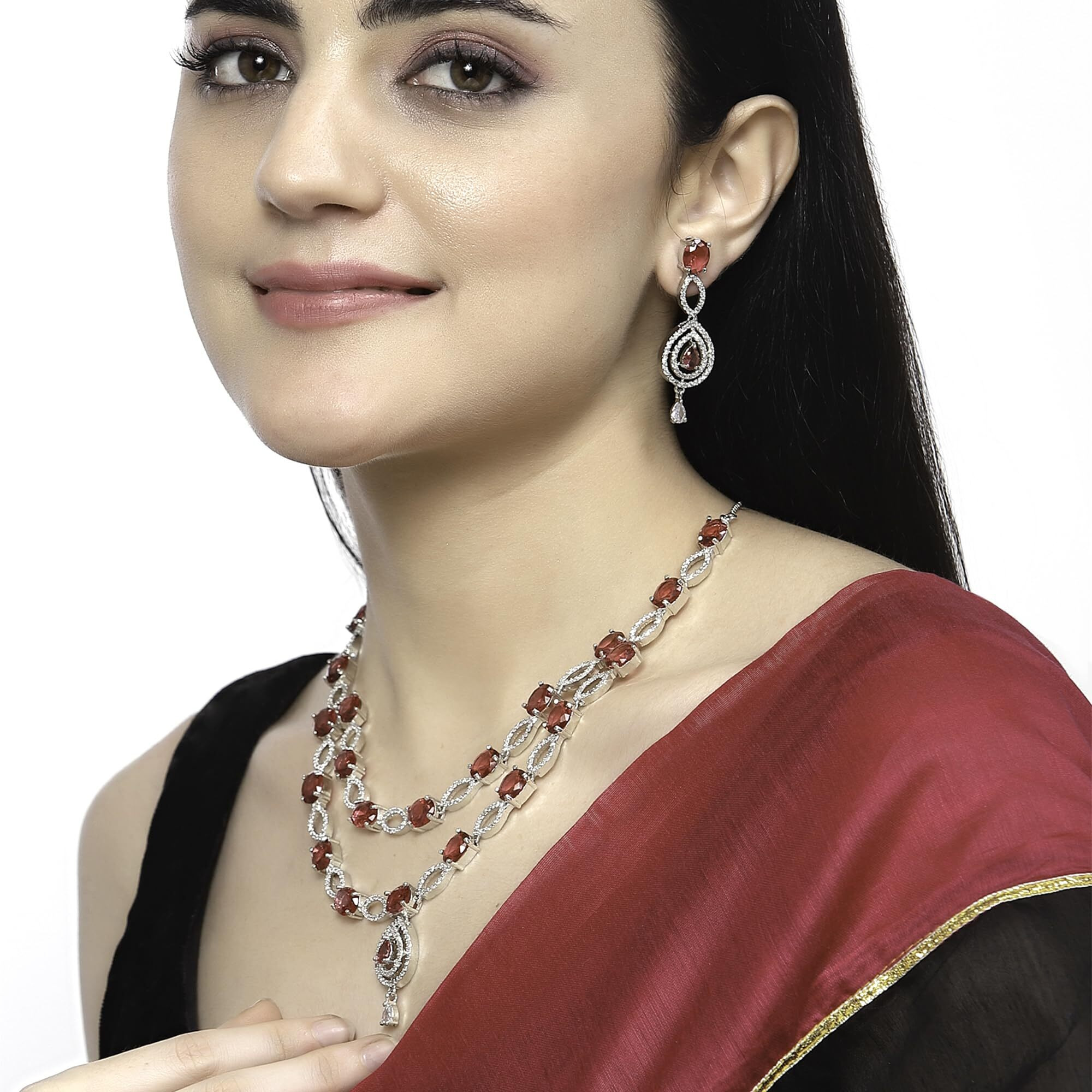 ZENEME Rhodium-Plated American Diamond Studded Abstract Necklace With Earrings Jewellery Set For Girls and Women (Red)