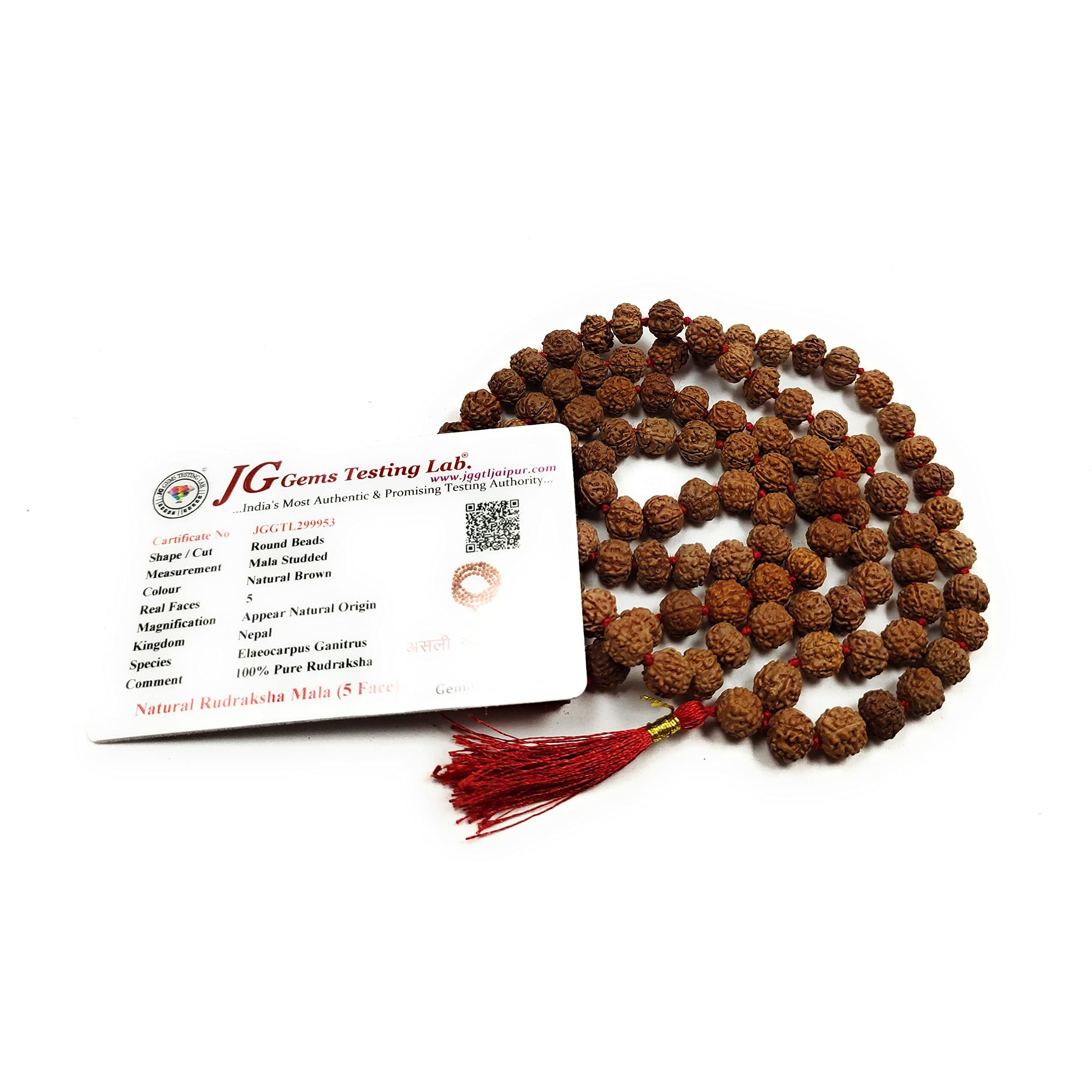 rocksmins Natural Original 5 Panch Mukhi Rudraksha Jaap Mala with Lab Certificate (108+1 Guaranteed) 8 mm Beads for Pooja Astrology Wearing in Neck/Holding Men Women Boys Girls Protection Meditation