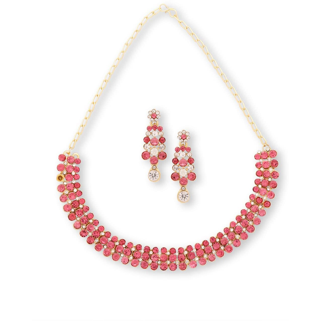Atasi International Gold Plated Pink Stone Alloy Necklace with Earrings for Women - Jewellery Set for Party, Wedding, Engagement