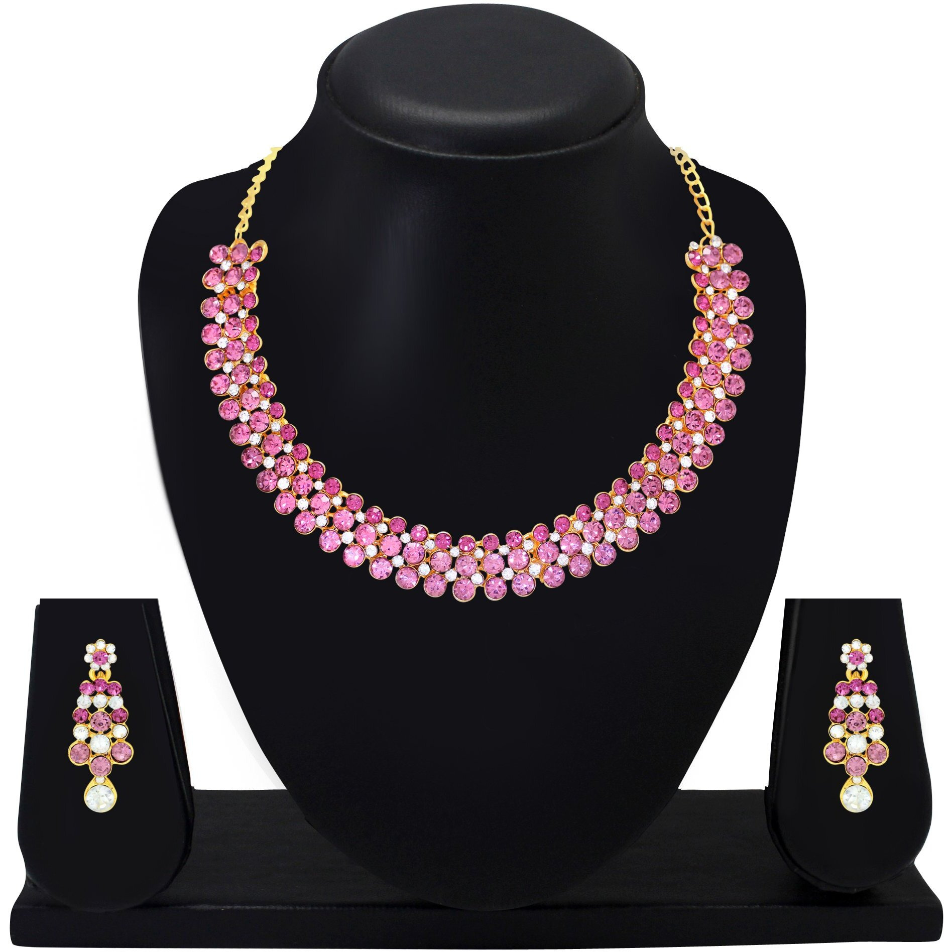 Atasi International Gold Plated Pink Stone Alloy Necklace with Earrings for Women - Jewellery Set for Party, Wedding, Engagement