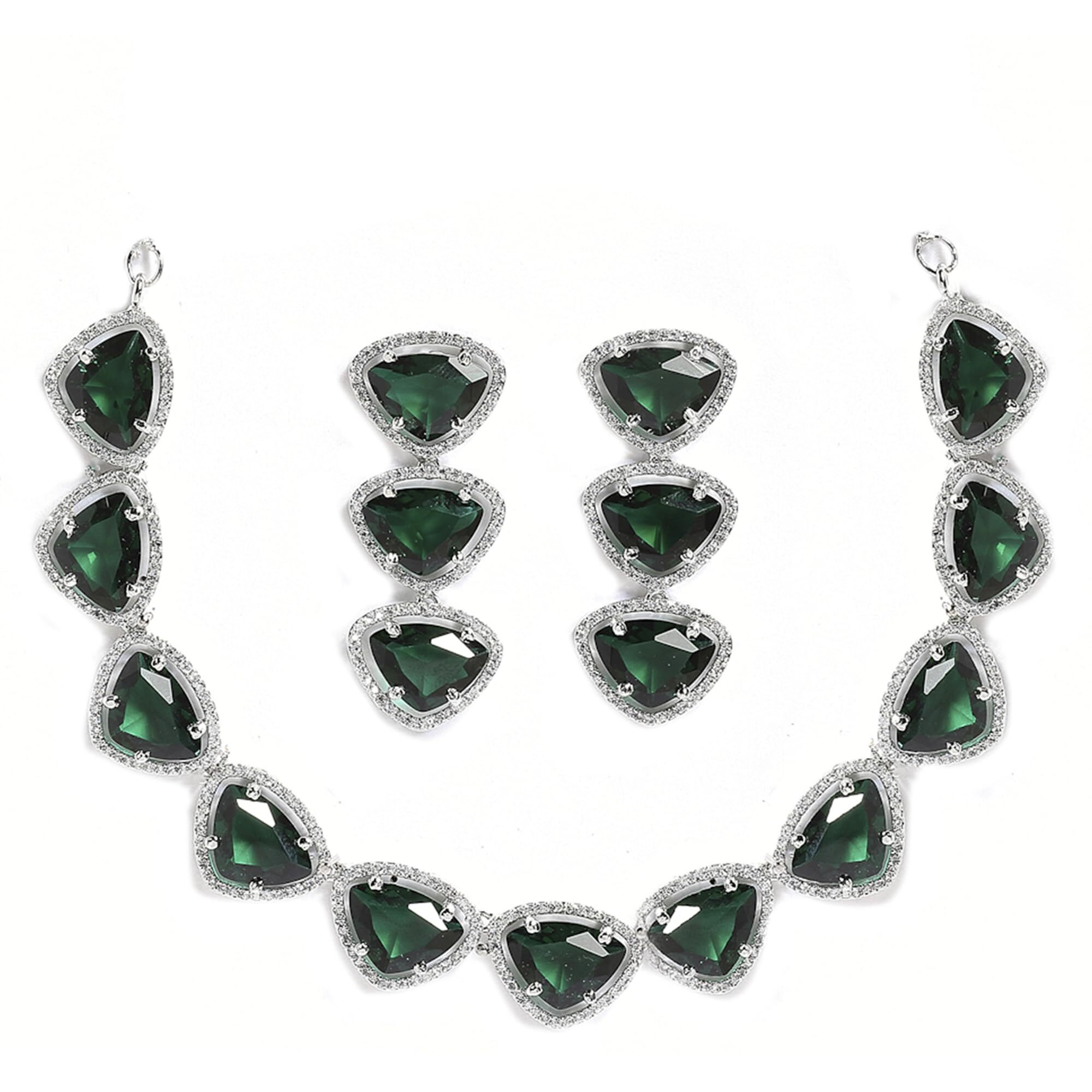 ZENEME Rhodium Plated Silver Toned Triangular Shaped American Diamond Studded Jewellery Set For Women and Girl (Green_Design_01)