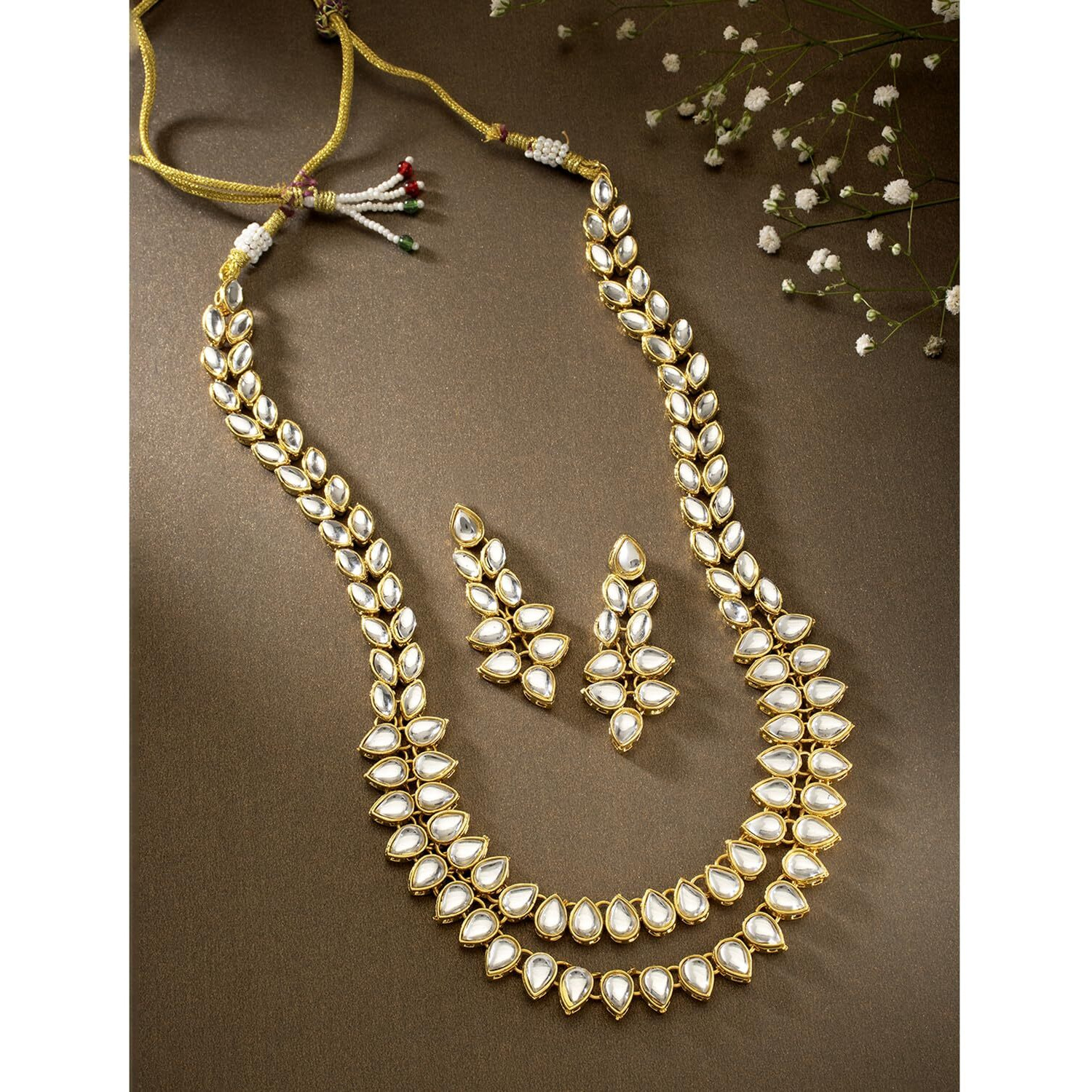 Peora Kundan Long Necklace Set with Earring for Women Girls, White