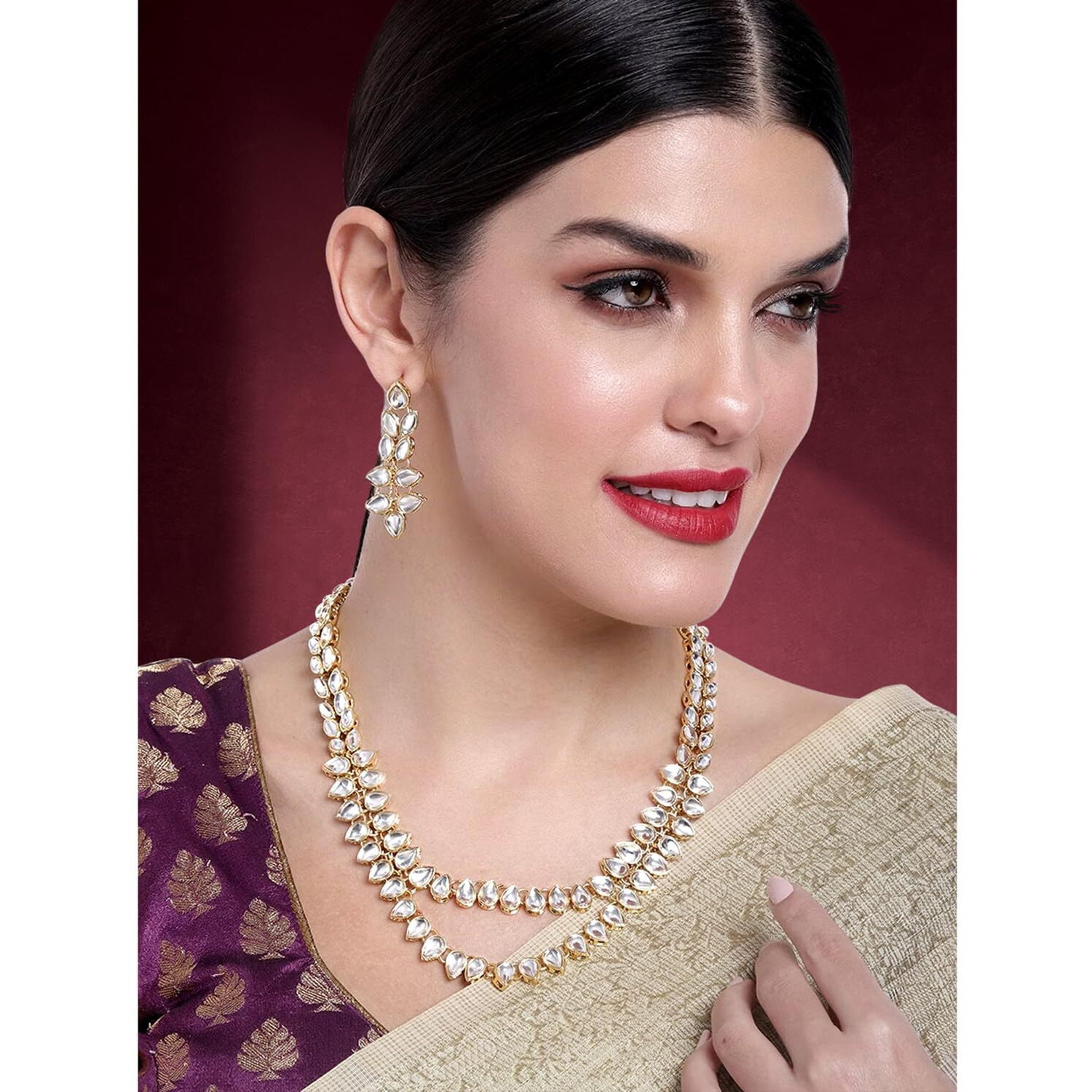 Peora Kundan Long Necklace Set with Earring for Women Girls, White