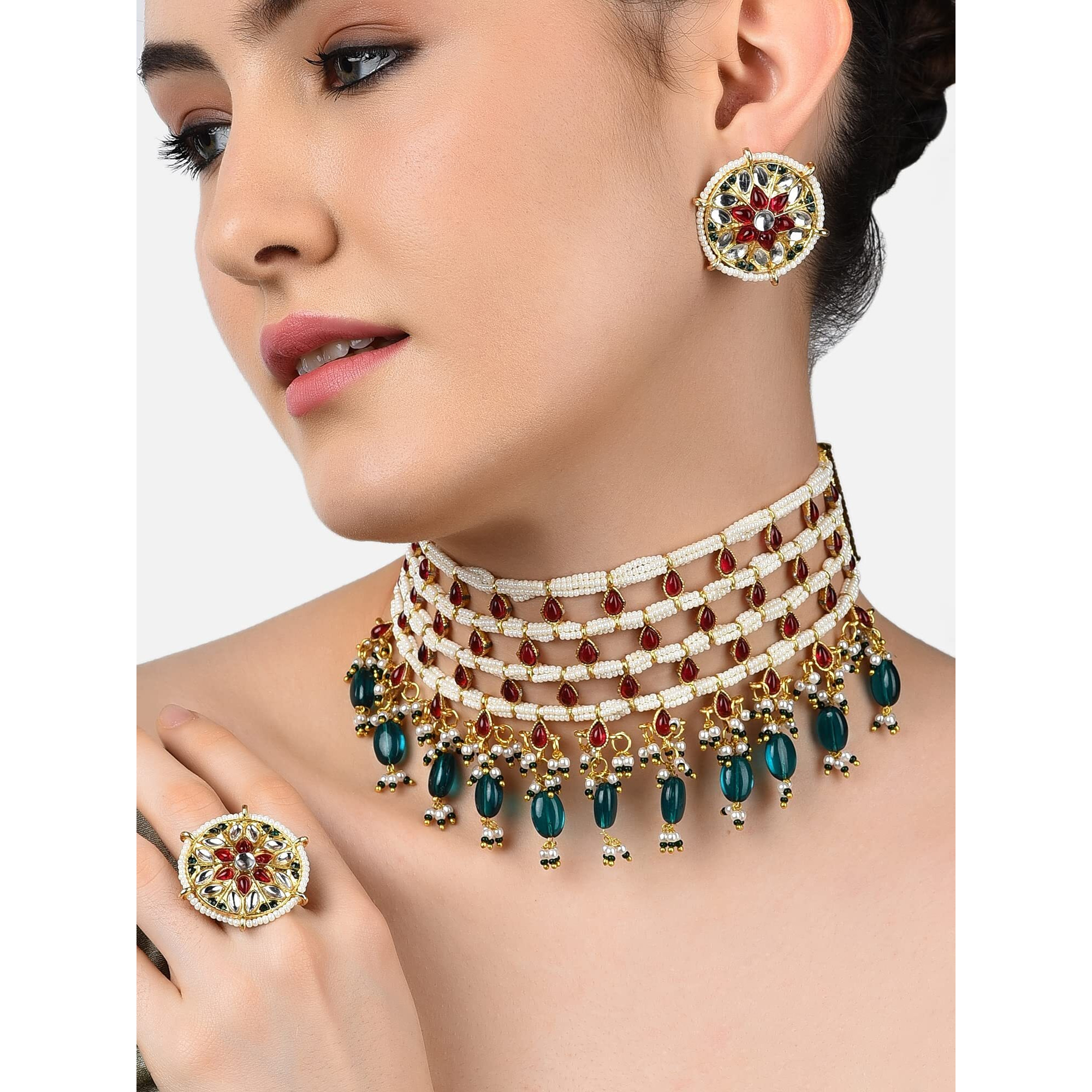 ZAVERI PEARLS Pink Kundan & Green Beads Choker Necklace Earring & Ring Set For Women-ZPFK11071