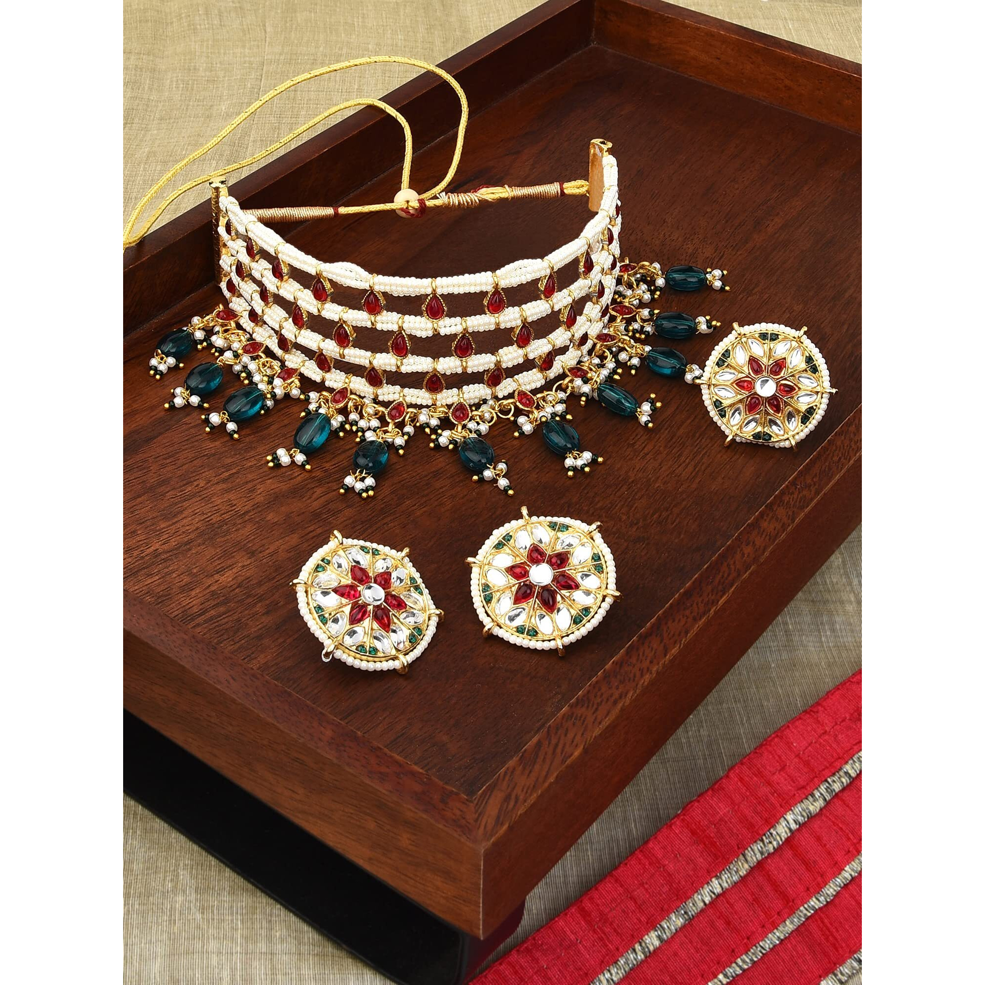 ZAVERI PEARLS Pink Kundan & Green Beads Choker Necklace Earring & Ring Set For Women-ZPFK11071