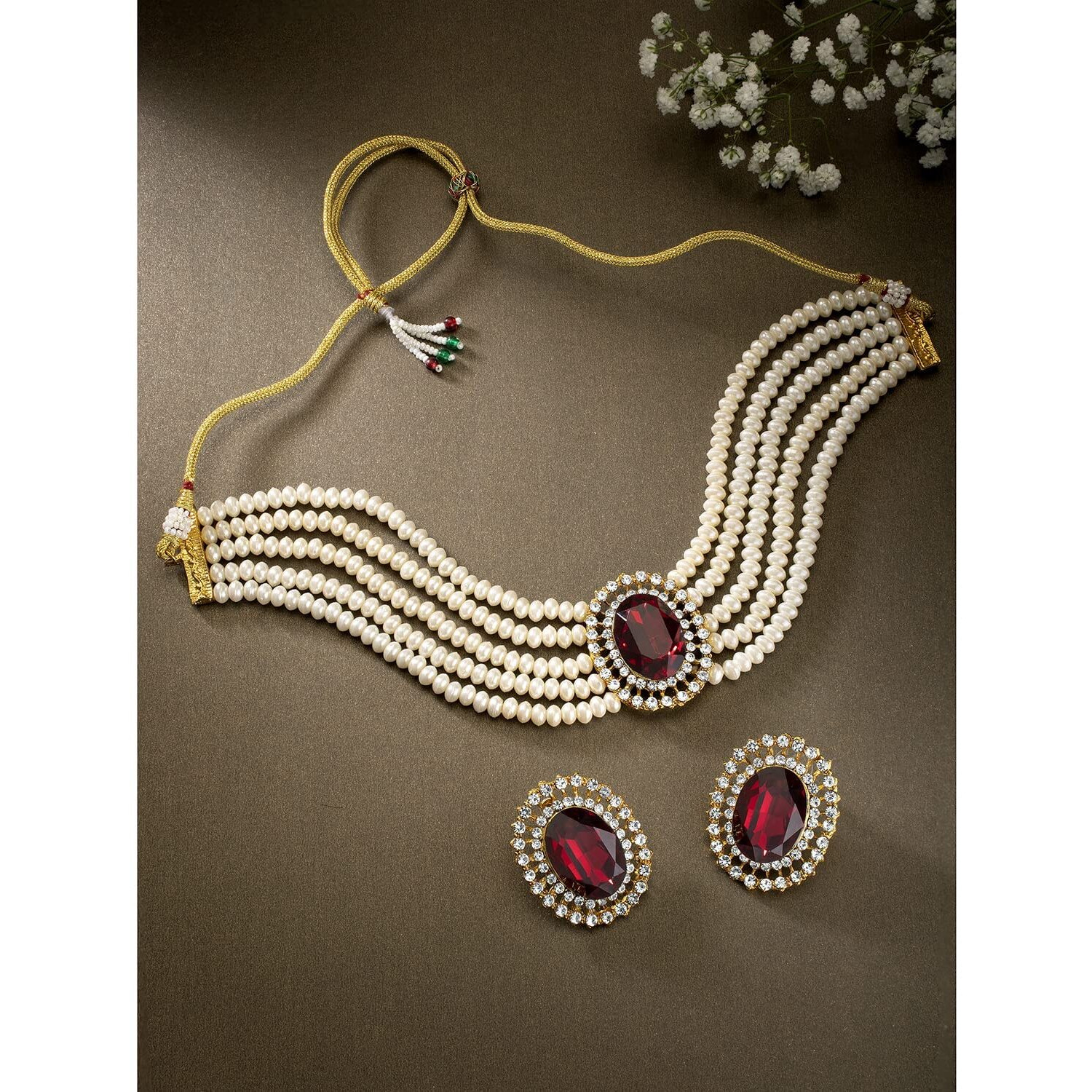 I Jewels Gold Plated Traditional Stone Studded Pearl Choker Necklace Jewellery Set For Women/Girls (ML316M)