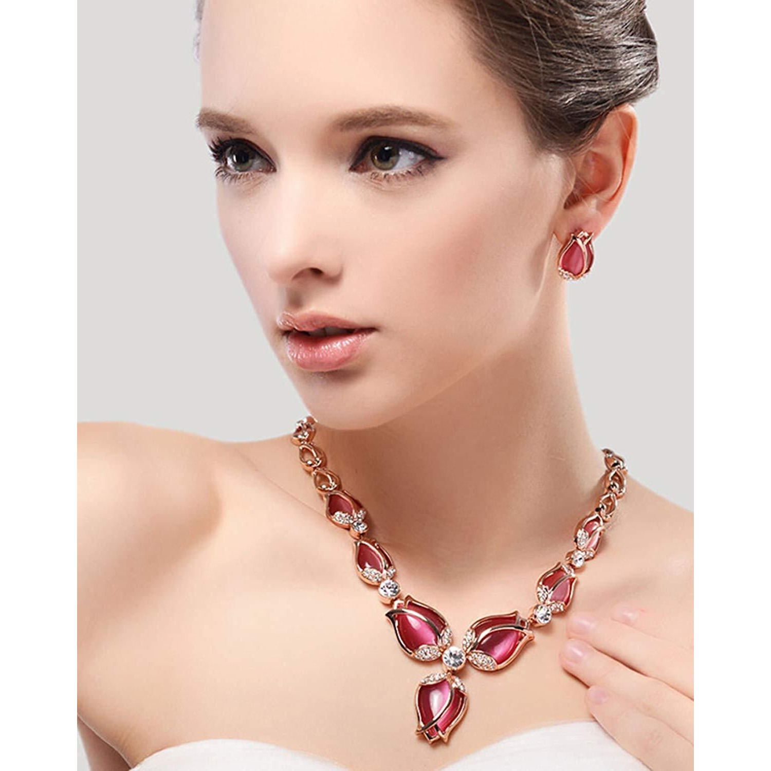 Shining Diva Fashion Latest Stylish Rose Gold Tulip Design Earrings Necklace Jewellery Set For Women (10103s)