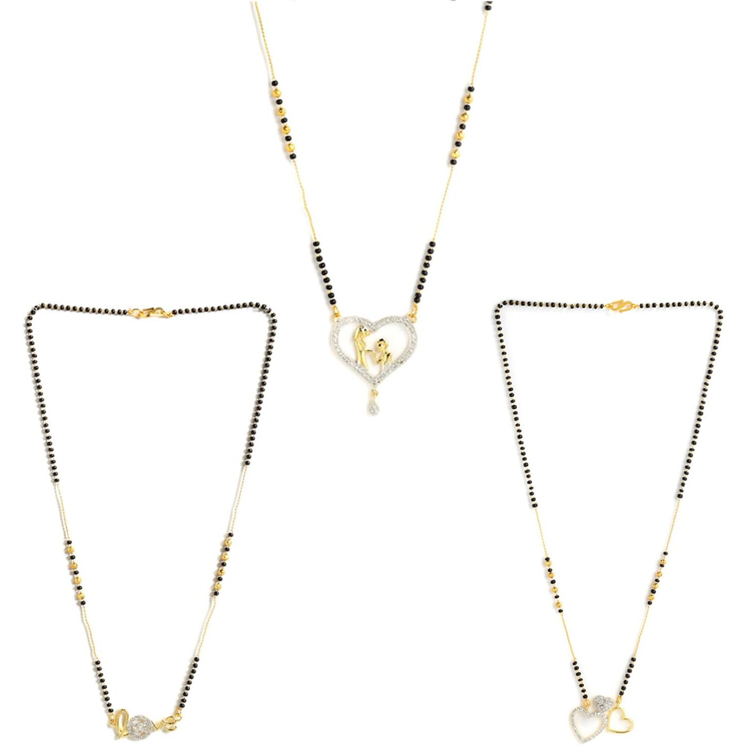 ZENEME Sparkling Gold Plated Wedding Jewellery American Diamond Solitaire Mangalsutra Tanmaniya Combo For Women (Combo 03)