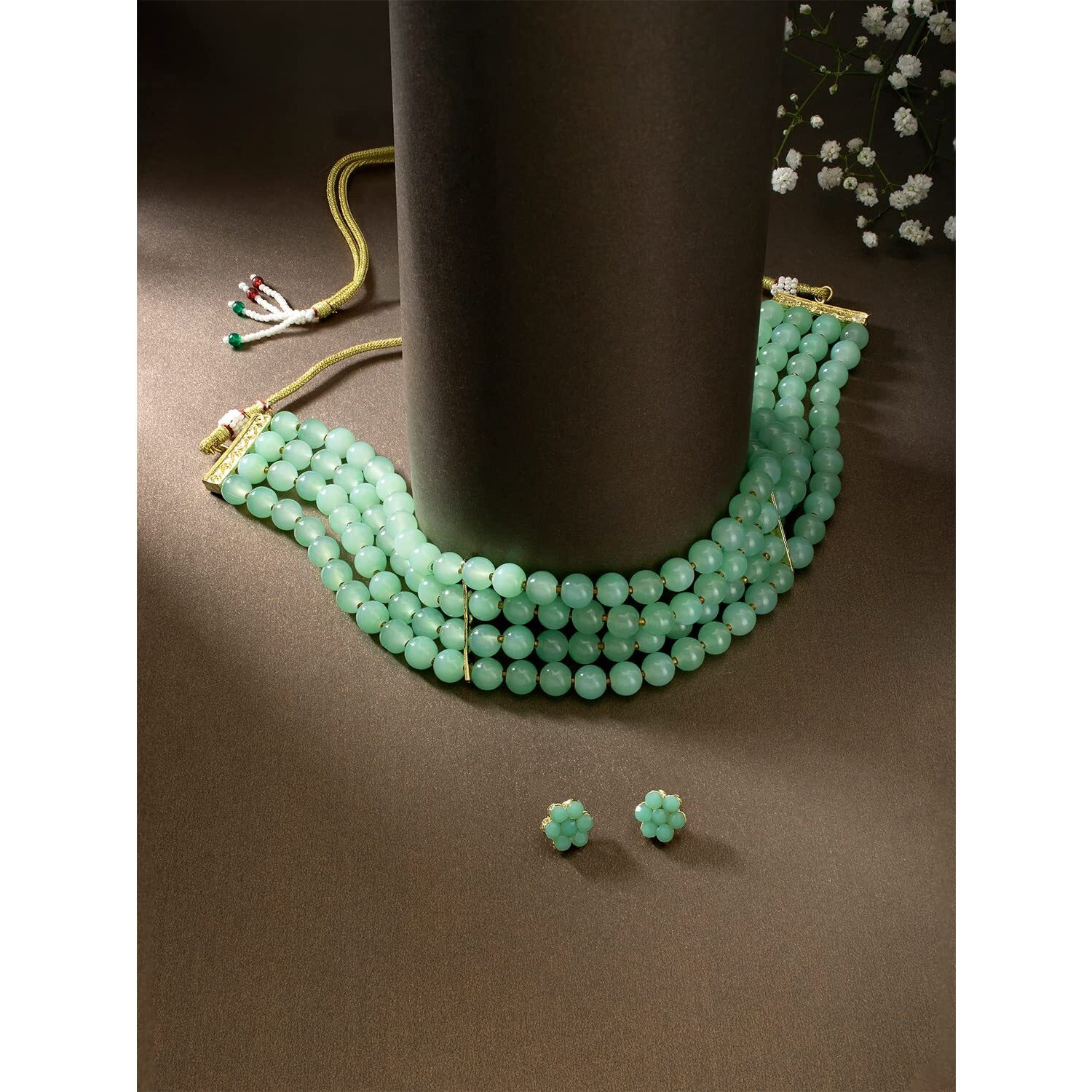 Peora Faux Pearl Beaded Choker Necklace with Stud Earrings Traditional Jewellery Set For Women & Girls (Mint)