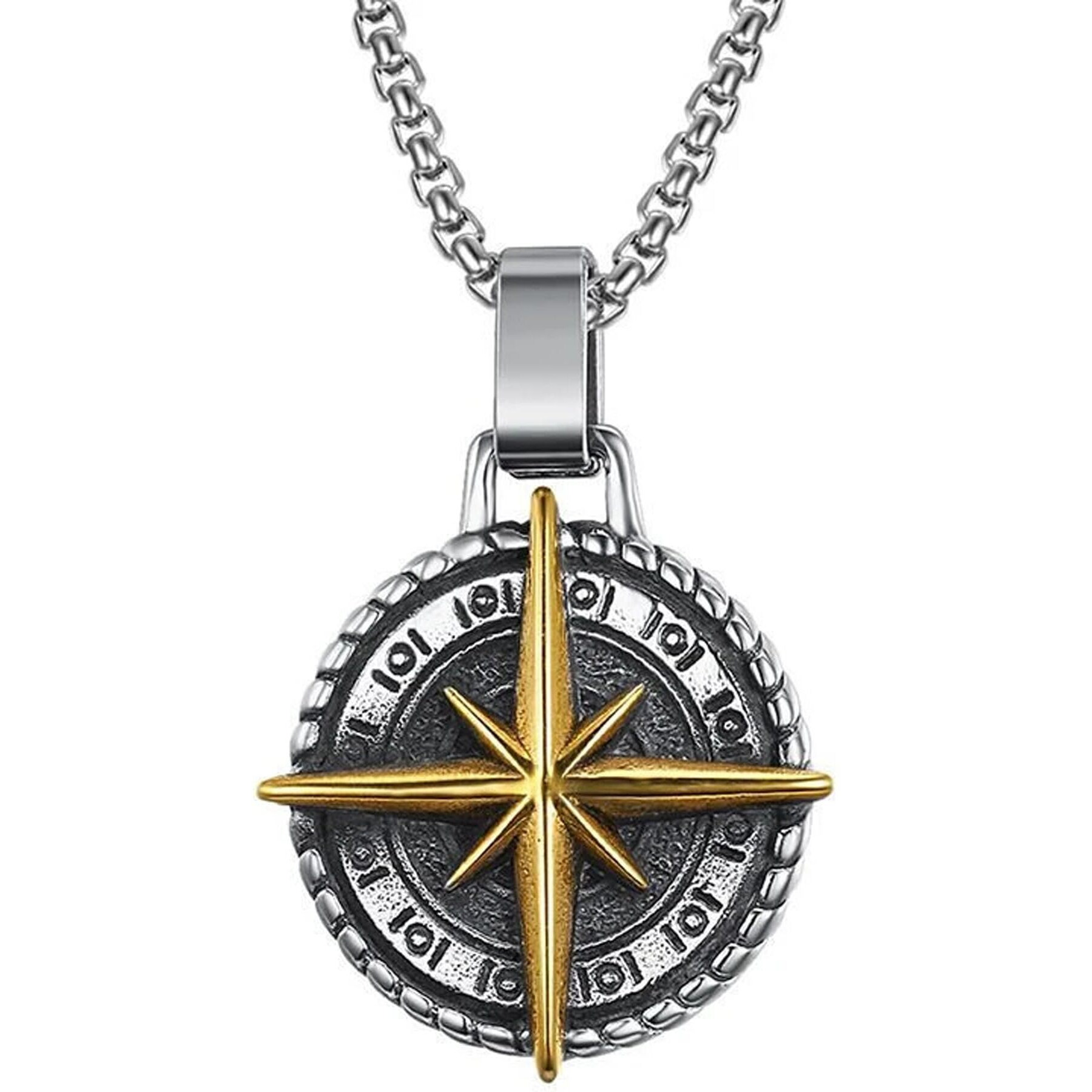 Fashion Frill Stylish Silver Chain Pendant For Men Round Pendant Cross Compass Necklace Chain For Men Boys Mens Jewellery Pendant Necklace Accessories