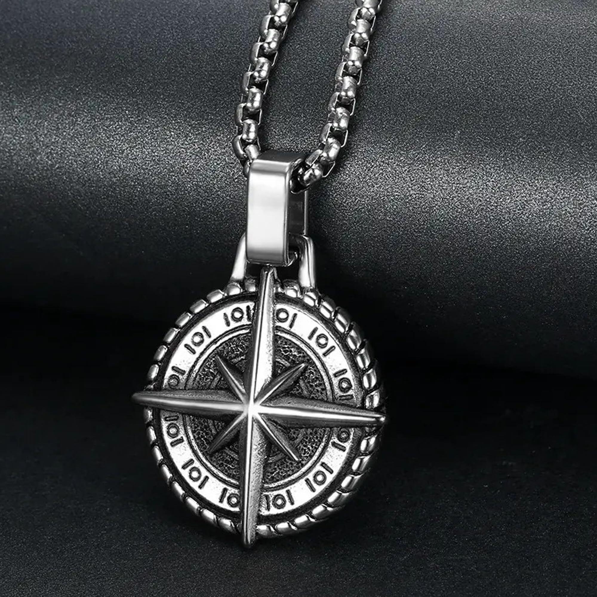 Fashion Frill Silver Chain Pendant For Men Round Pendant Cross Compass Necklace Chain For Men Boys Mens Jewellery Pendant Necklace Accessories
