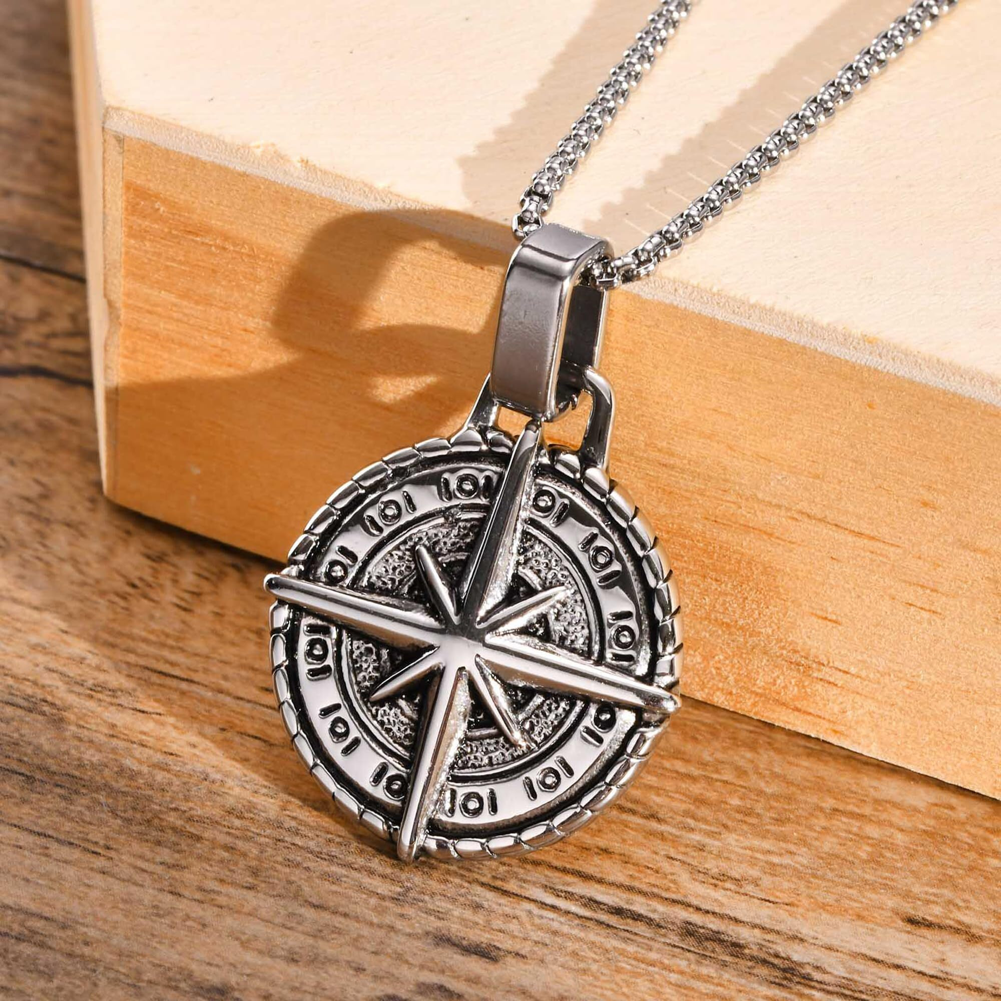 Fashion Frill Silver Chain Pendant For Men Round Pendant Cross Compass Necklace Chain For Men Boys Mens Jewellery Pendant Necklace Accessories