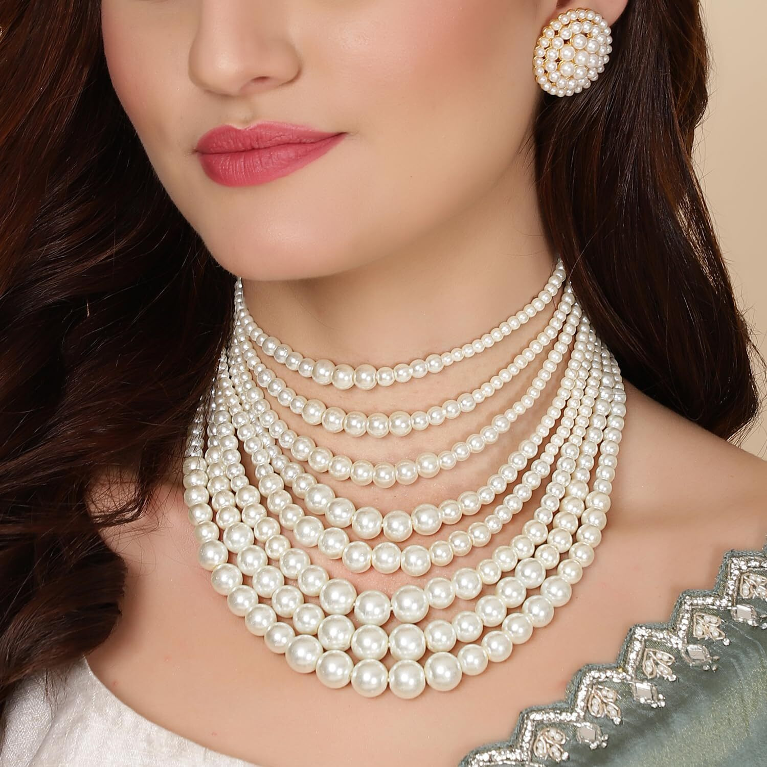 Shining Diva Fashion Latest Stylish Design Fancy Multilayer Pearl Choker Necklace Jewellery Set for Women (15863s)
