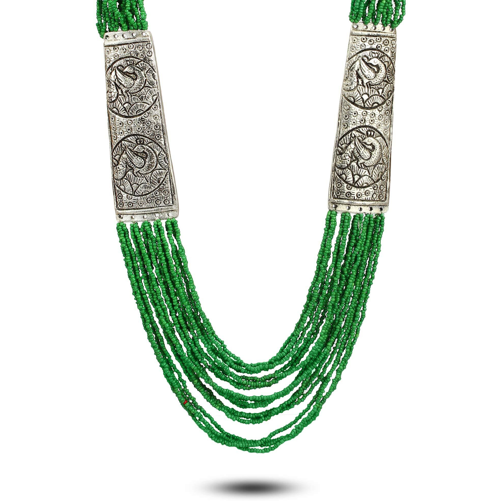 YouBella Fashion Jewellery Antique German Silver Oxidised Plated Tribal Cotton Thread Jewellery Necklace Earring Set for Women & Girls.(Valentine Gift Special). (GREEN)