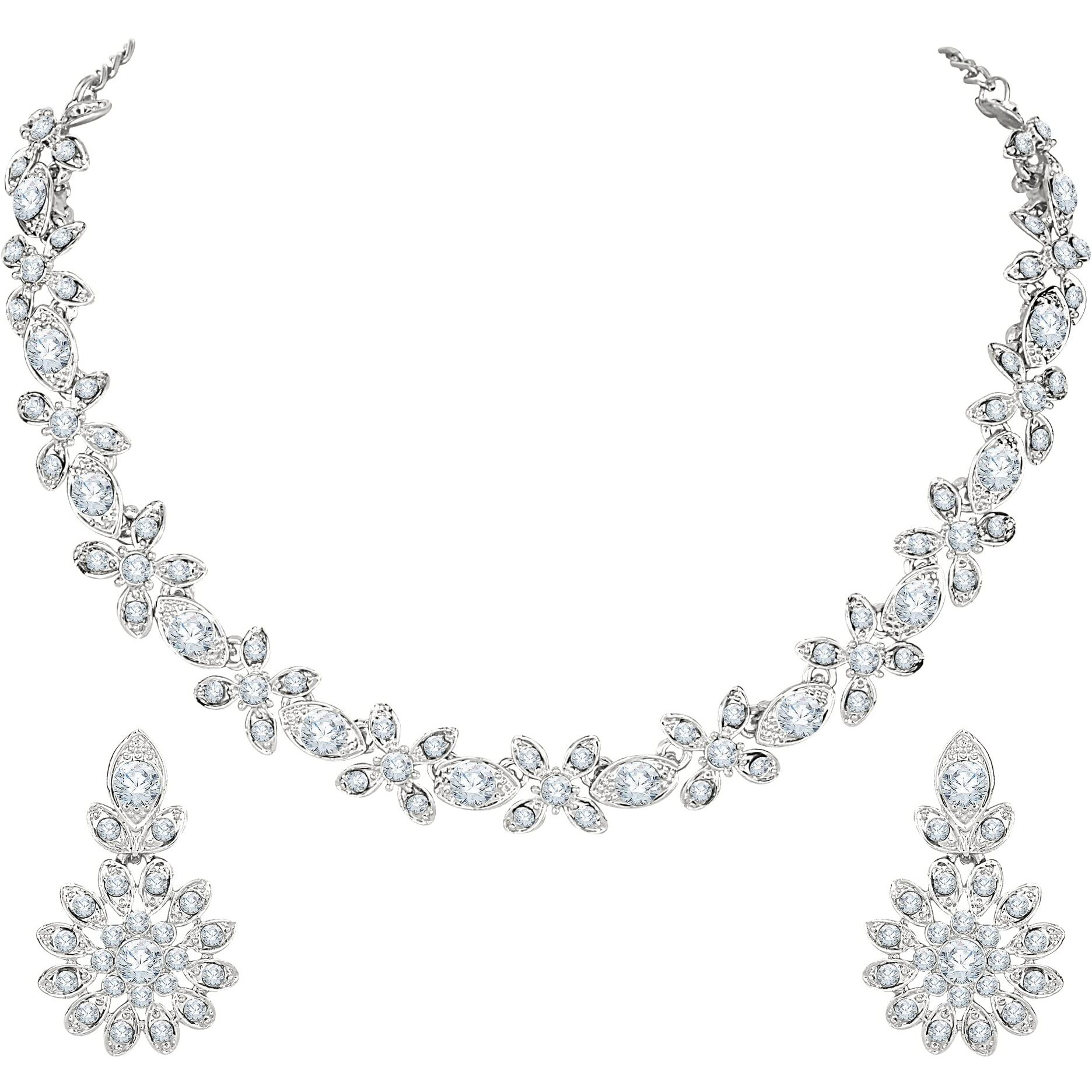 Atasi International Silver Plated Crystal Ad Womens Diamond Necklace Jewelry Set With Earrings - Jewellery Collection For Weddings, Parties, And Festivals (R5592)