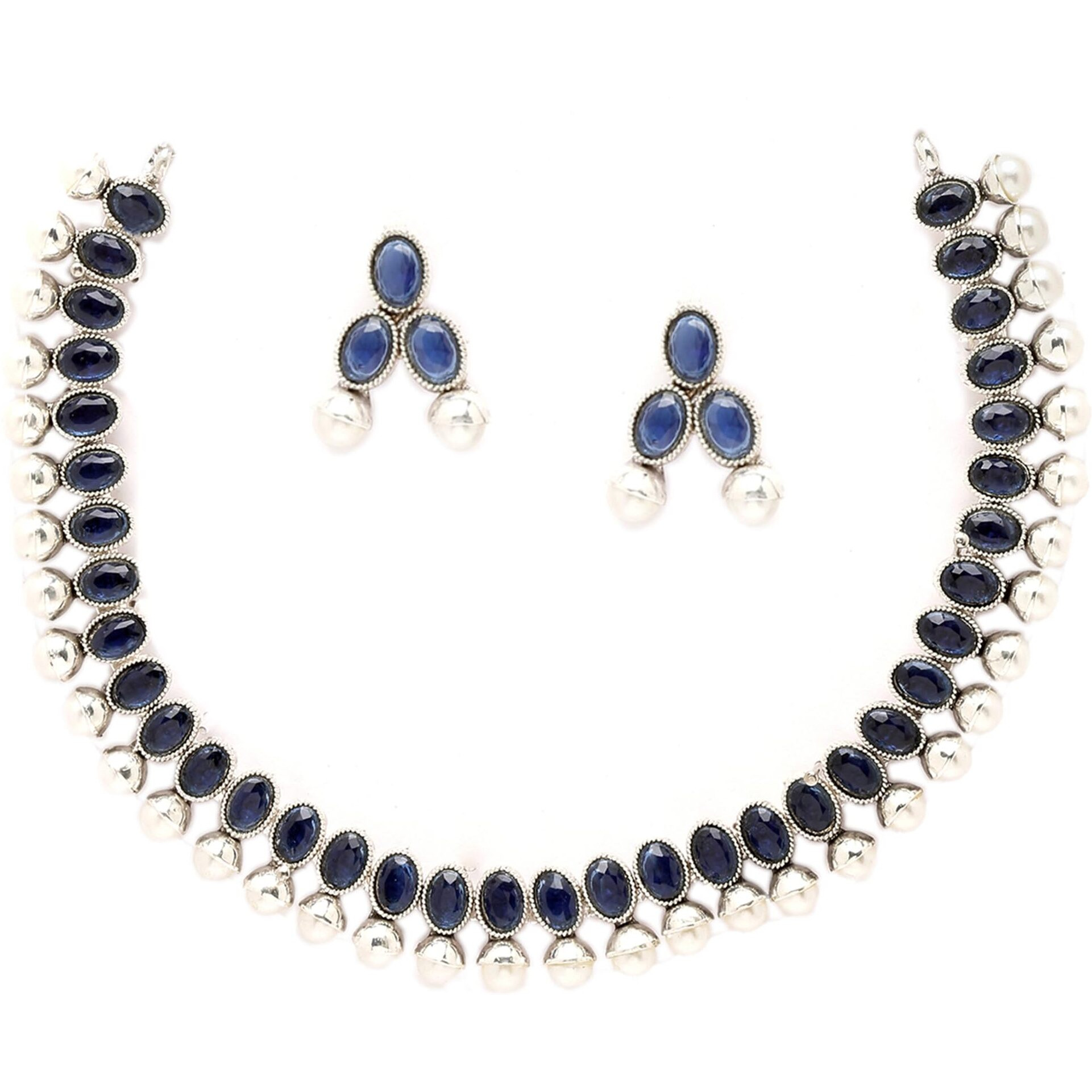 ZENEME Antique Oxidised Silver Plated Traditional Temple Coin Red American Diamond Studded Necklace With Earrings Jewellery For Women & Girls (Blue)