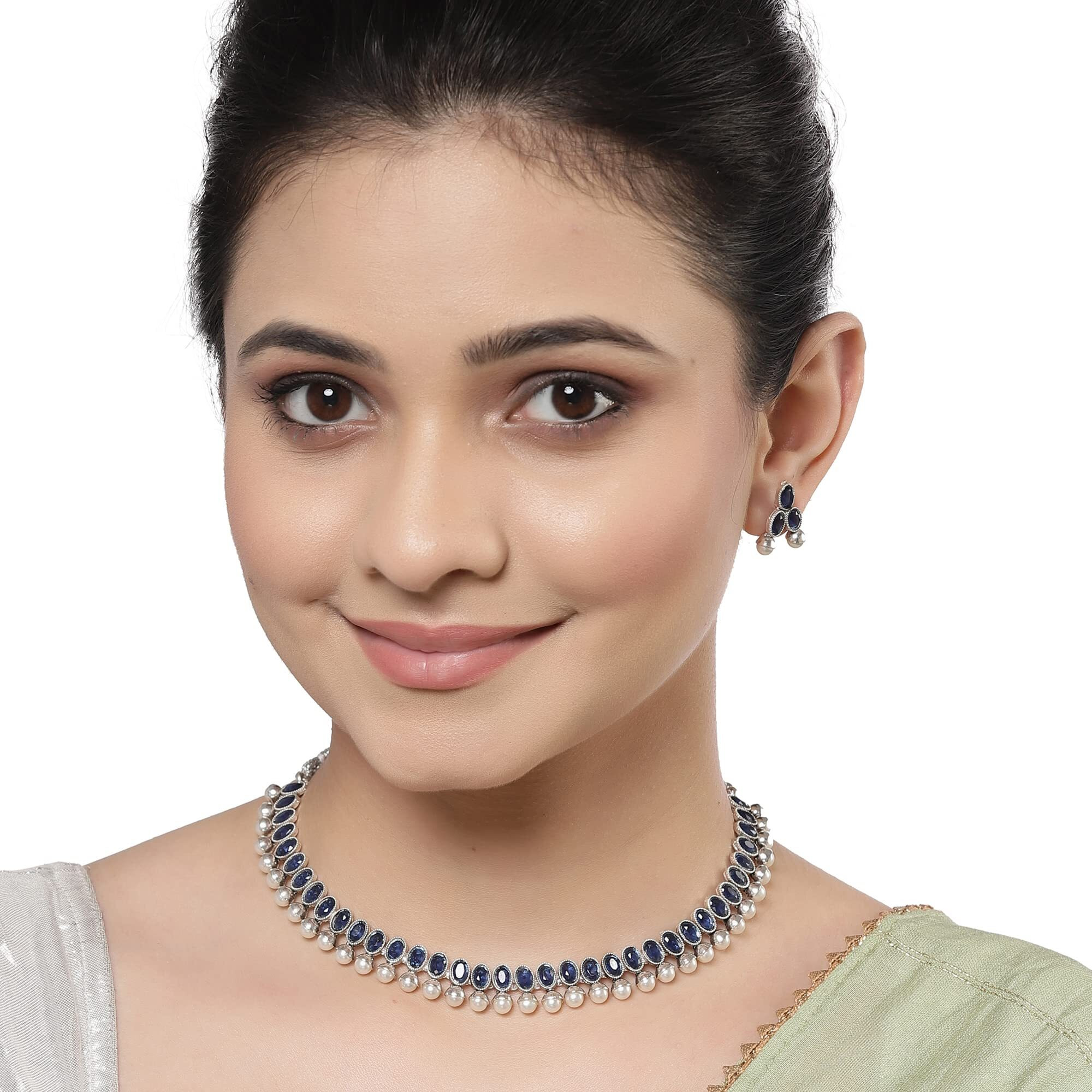 ZENEME Antique Oxidised Silver Plated Traditional Temple Coin Red American Diamond Studded Necklace With Earrings Jewellery For Women & Girls (Blue)