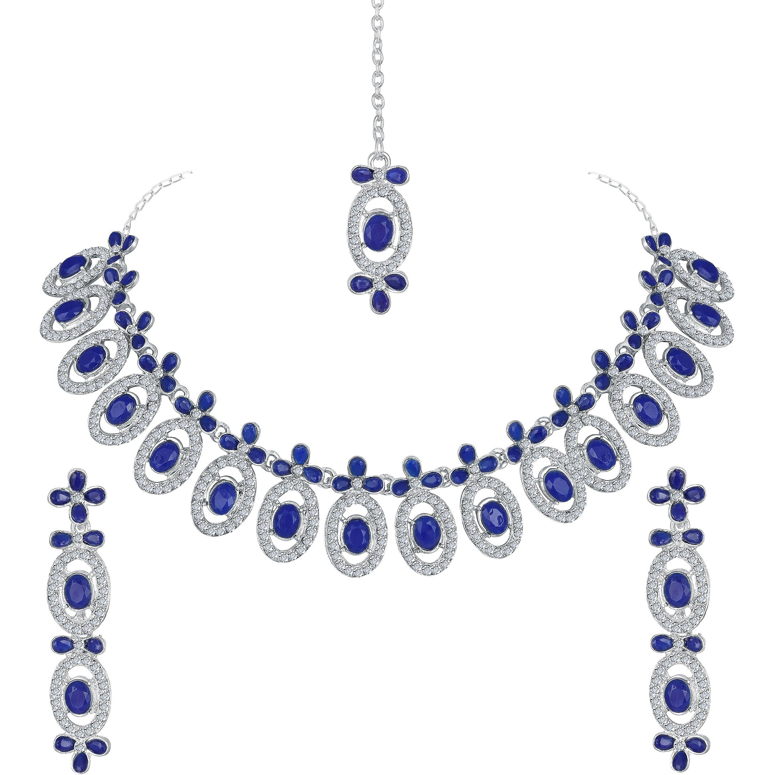 Atasi International Silver Plated Blue Kundan Crystals AD Diamond Necklace Jewellery Set for Women, Girls (RB5448)