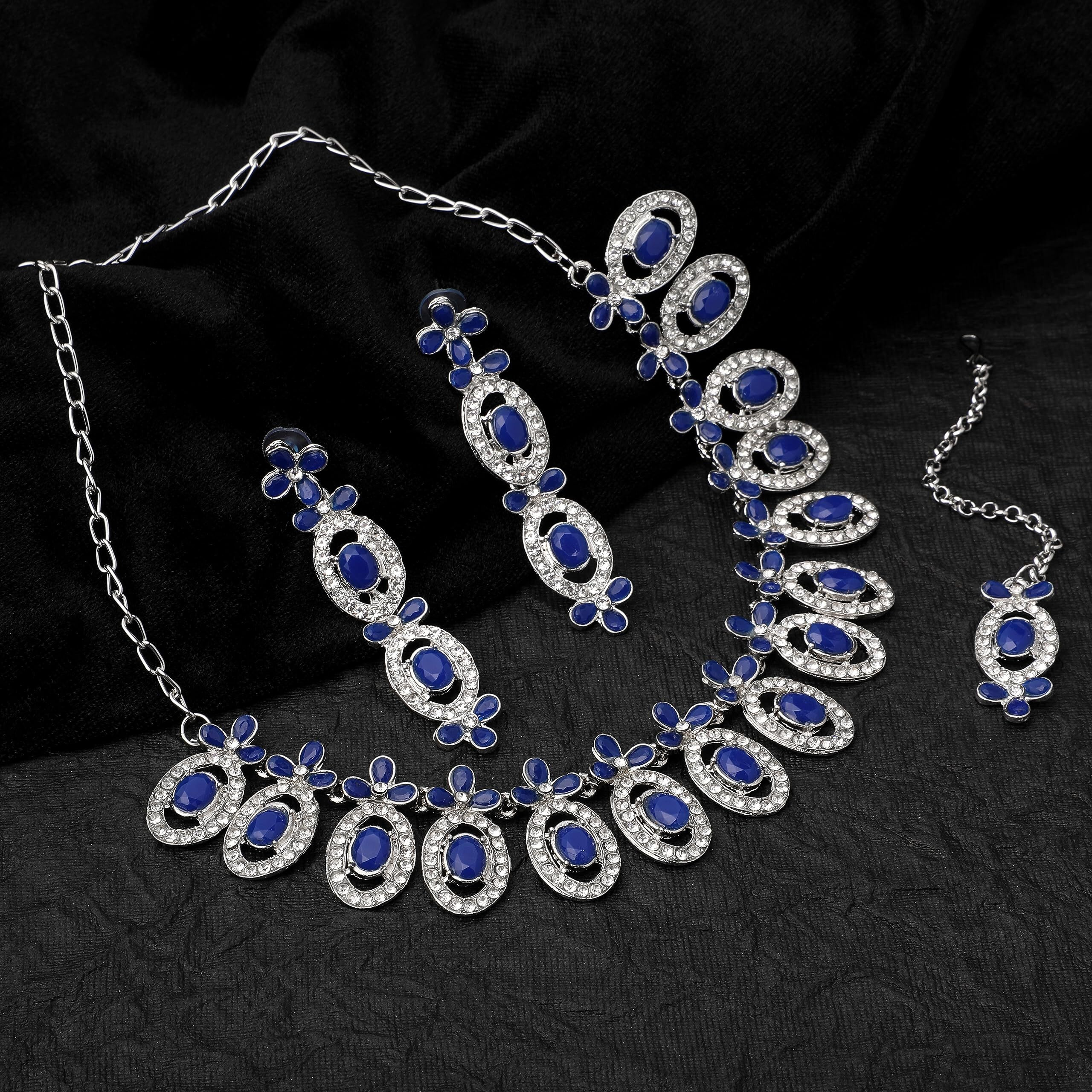 Atasi International Silver Plated Blue Kundan Crystals AD Diamond Necklace Jewellery Set for Women, Girls (RB5448)