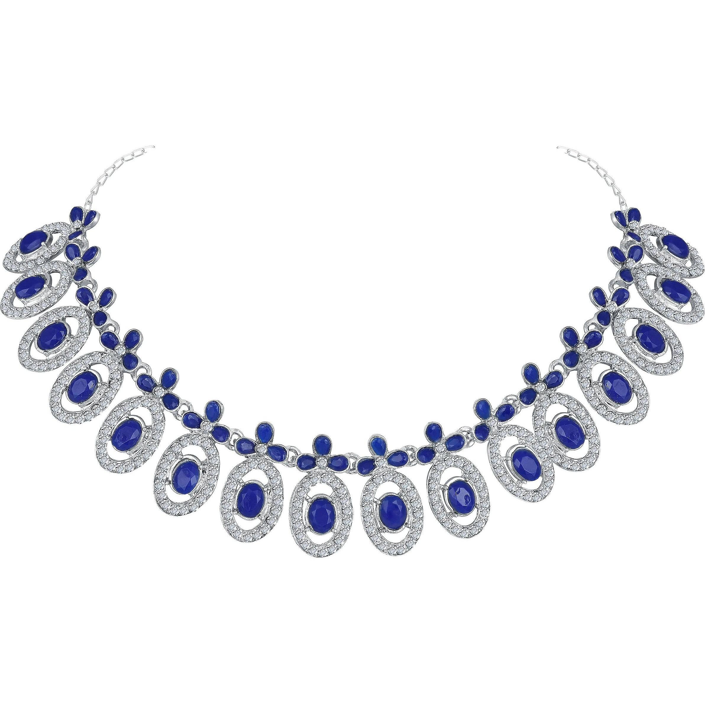 Atasi International Silver Plated Blue Kundan Crystals AD Diamond Necklace Jewellery Set for Women, Girls (RB5448)