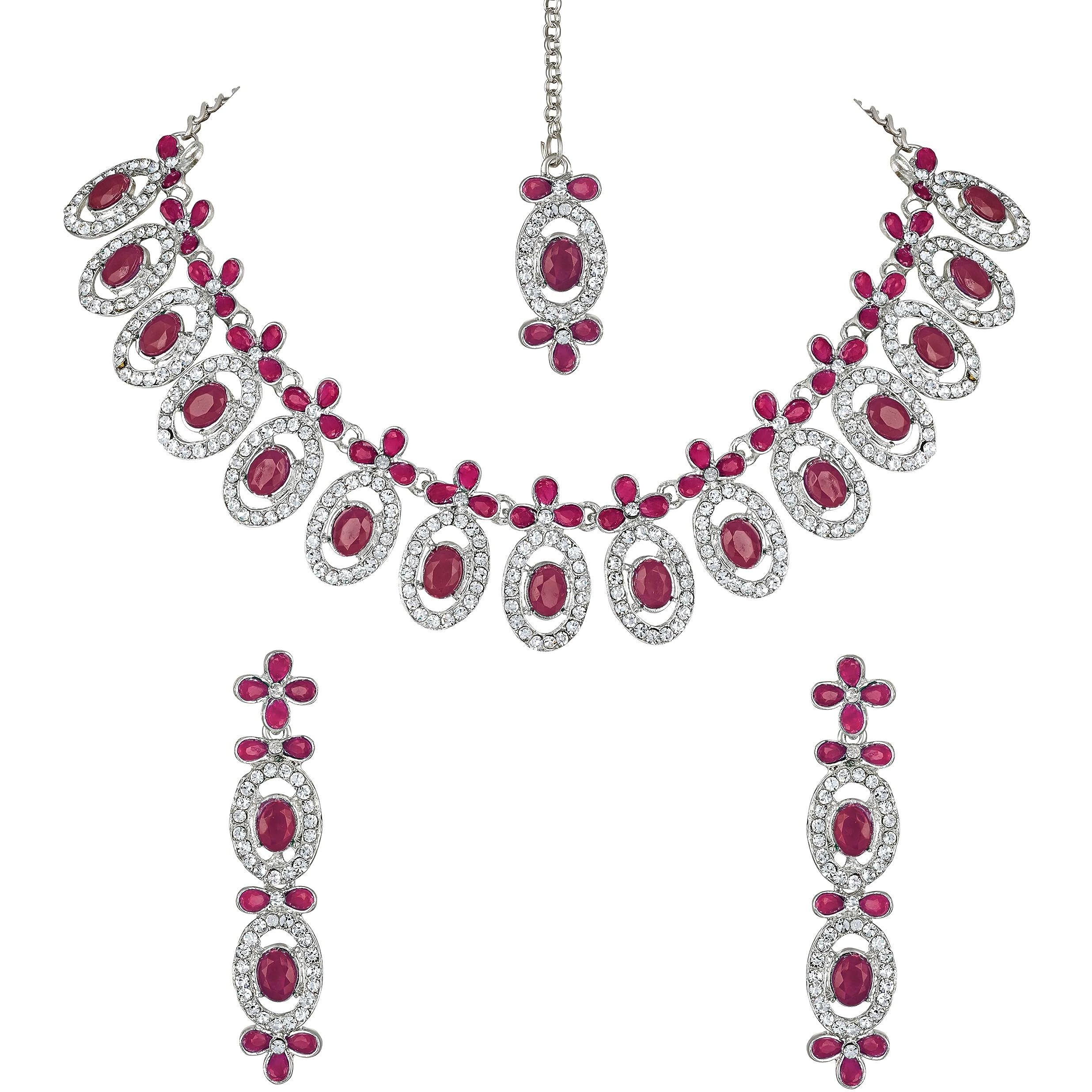 Atasi International Silver Plated Ruby Red Kundan Diamond Necklace Jewellery Set for Women/Girls Suited for Party, Wedding, Engagement, Special Ocassions (RM5448)