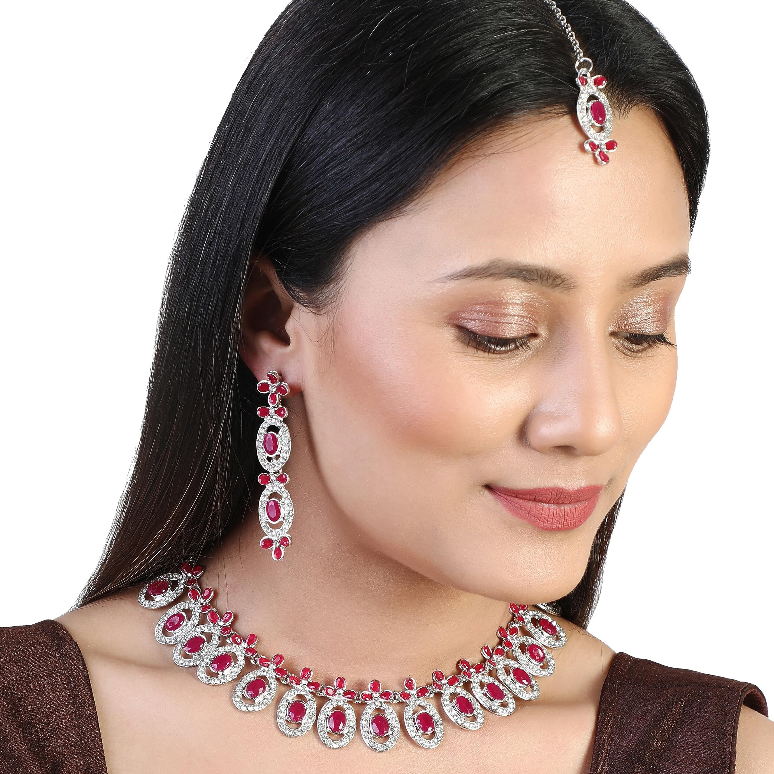 Atasi International Silver Plated Ruby Red Kundan Diamond Necklace Jewellery Set for Women/Girls Suited for Party, Wedding, Engagement, Special Ocassions (RM5448)