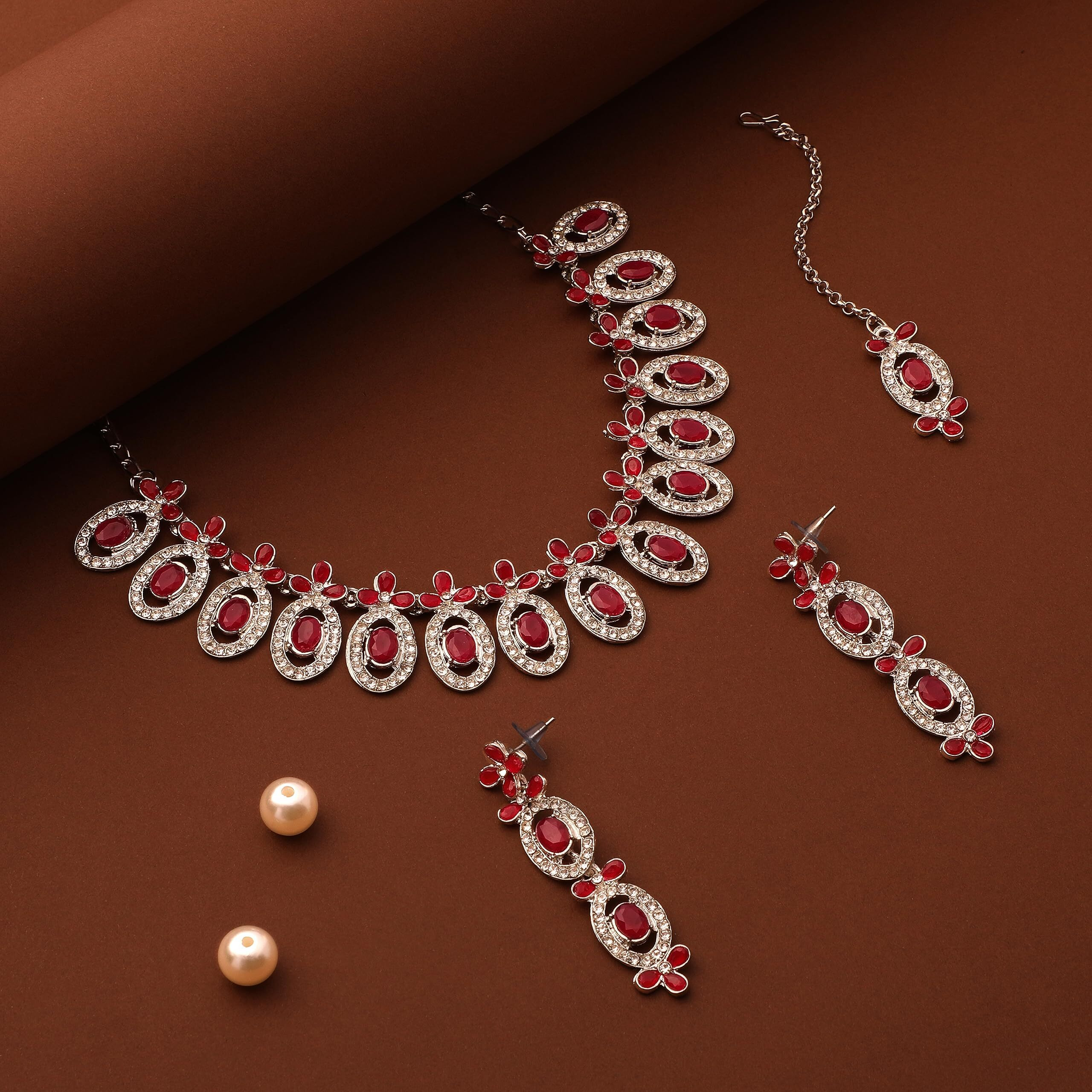 Atasi International Silver Plated Ruby Red Kundan Diamond Necklace Jewellery Set for Women/Girls Suited for Party, Wedding, Engagement, Special Ocassions (RM5448)