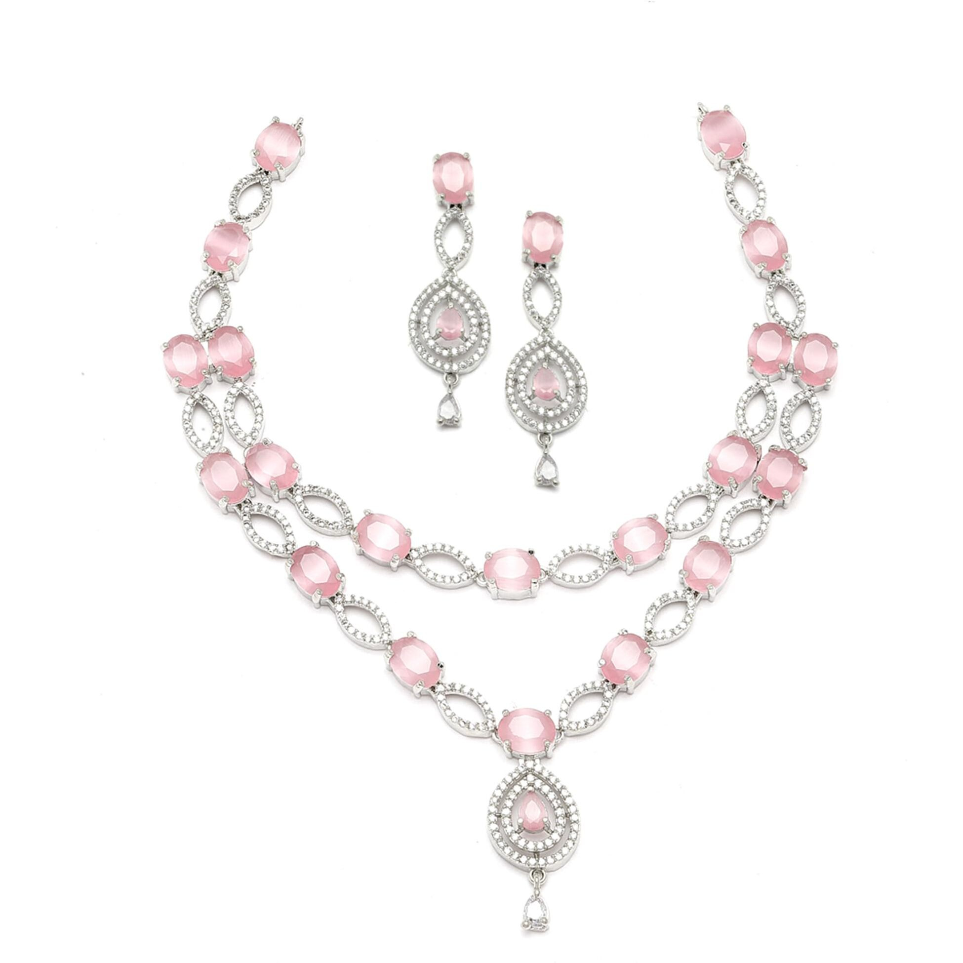 ZENEME Rhodium-Plated American Diamond Studded Abstract Necklace With Earrings Jewellery Set For Girls and Women (Pink)