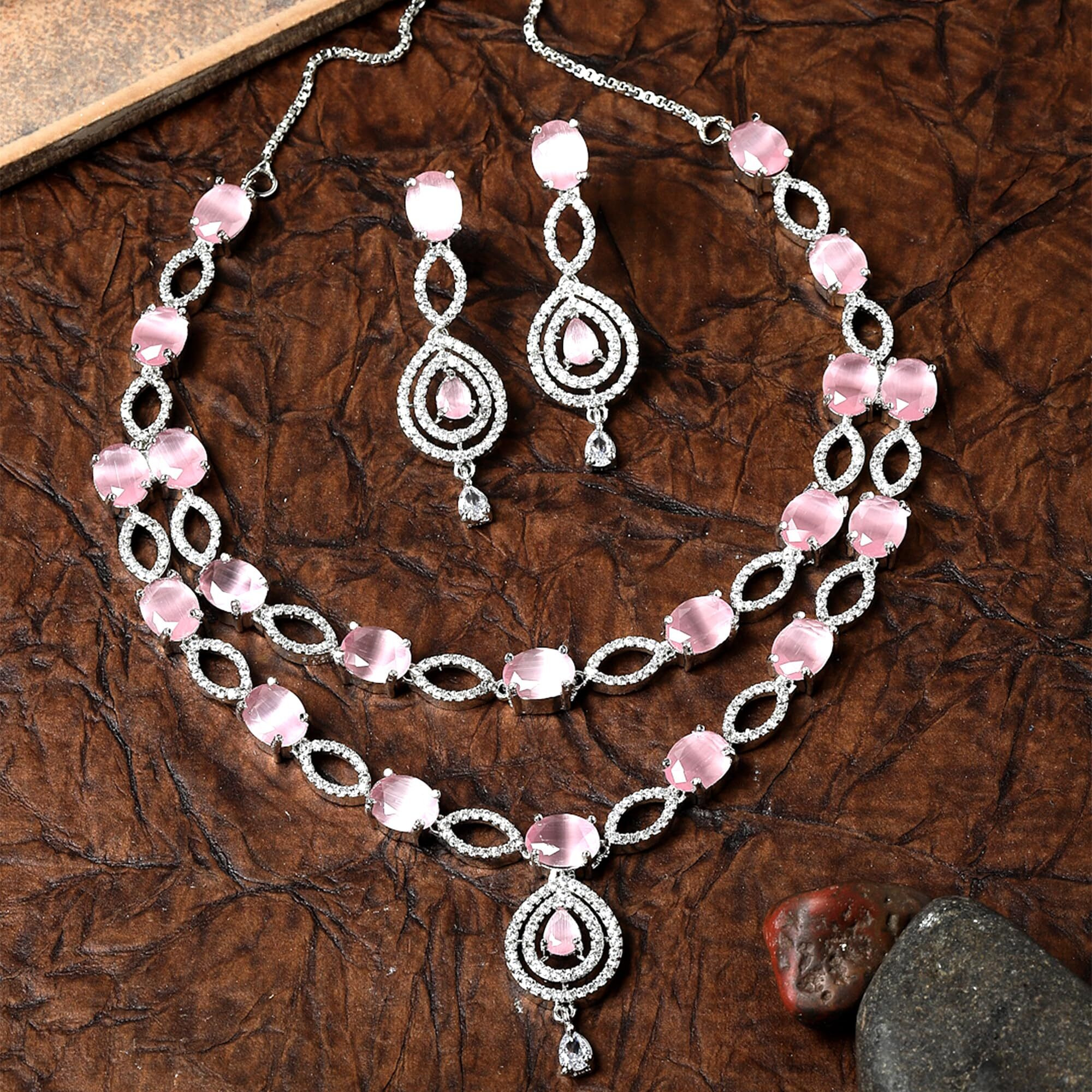 ZENEME Rhodium-Plated American Diamond Studded Abstract Necklace With Earrings Jewellery Set For Girls and Women (Pink)