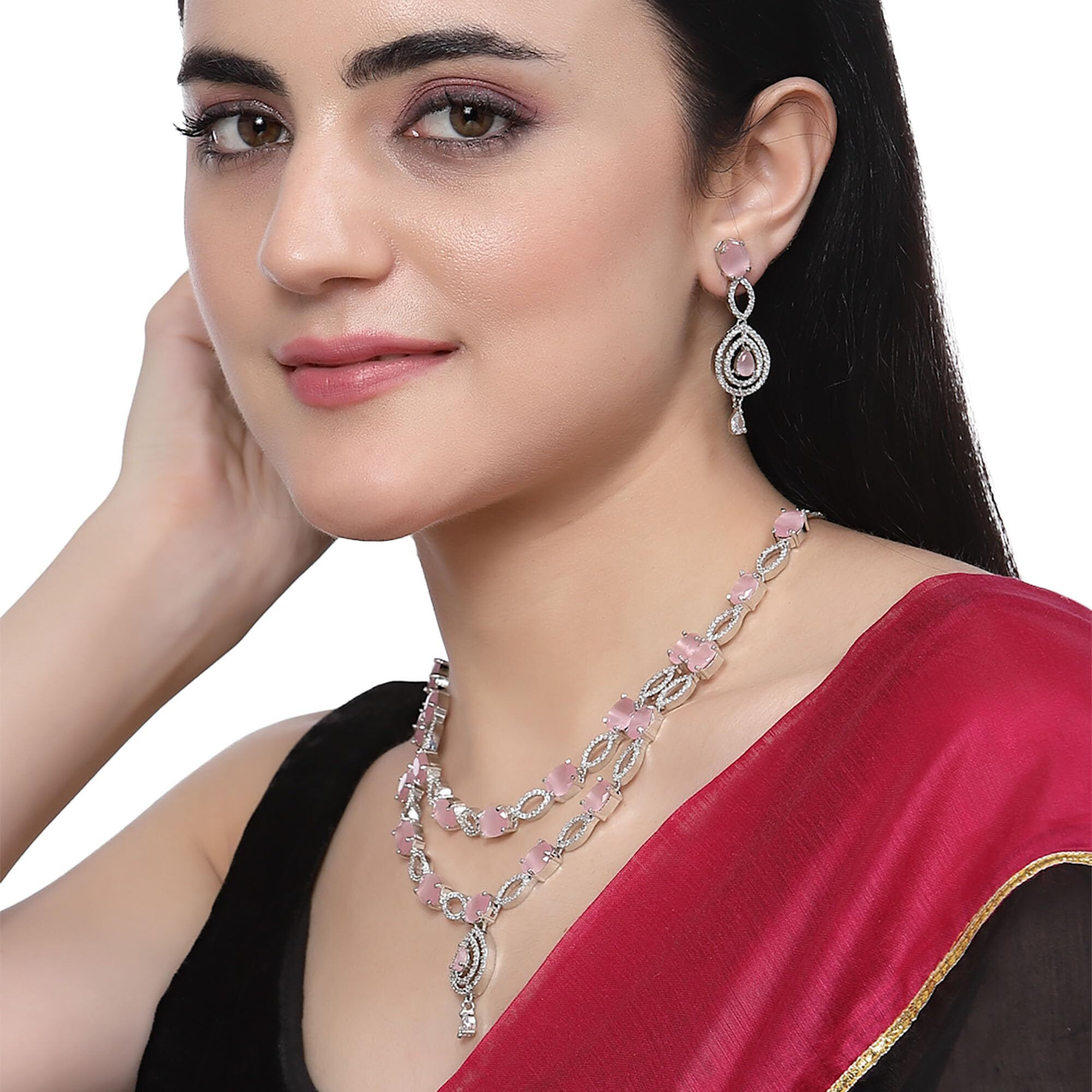 ZENEME Rhodium-Plated American Diamond Studded Abstract Necklace With Earrings Jewellery Set For Girls and Women (Pink)