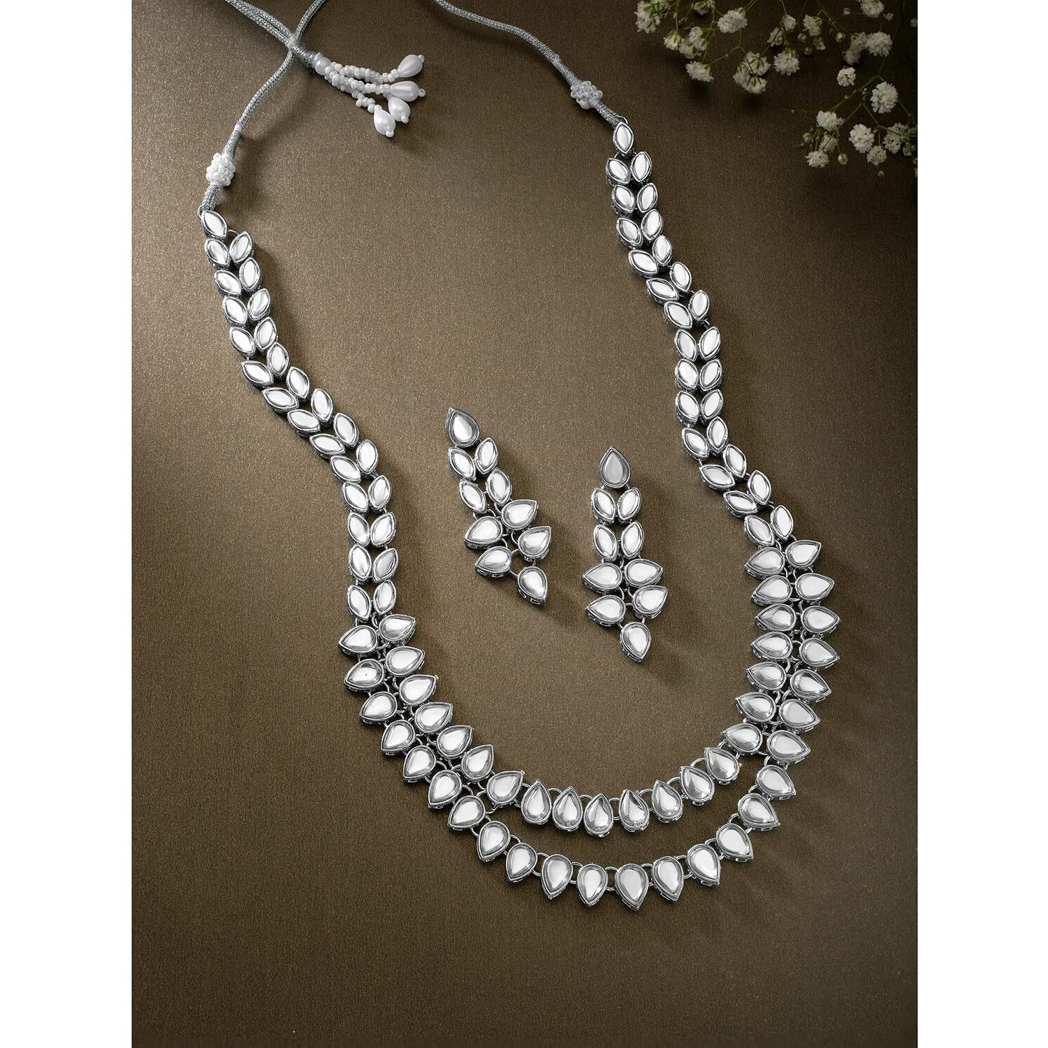 Peora Silver Plated Kundan Long Necklace Set with Earring for Women Girls