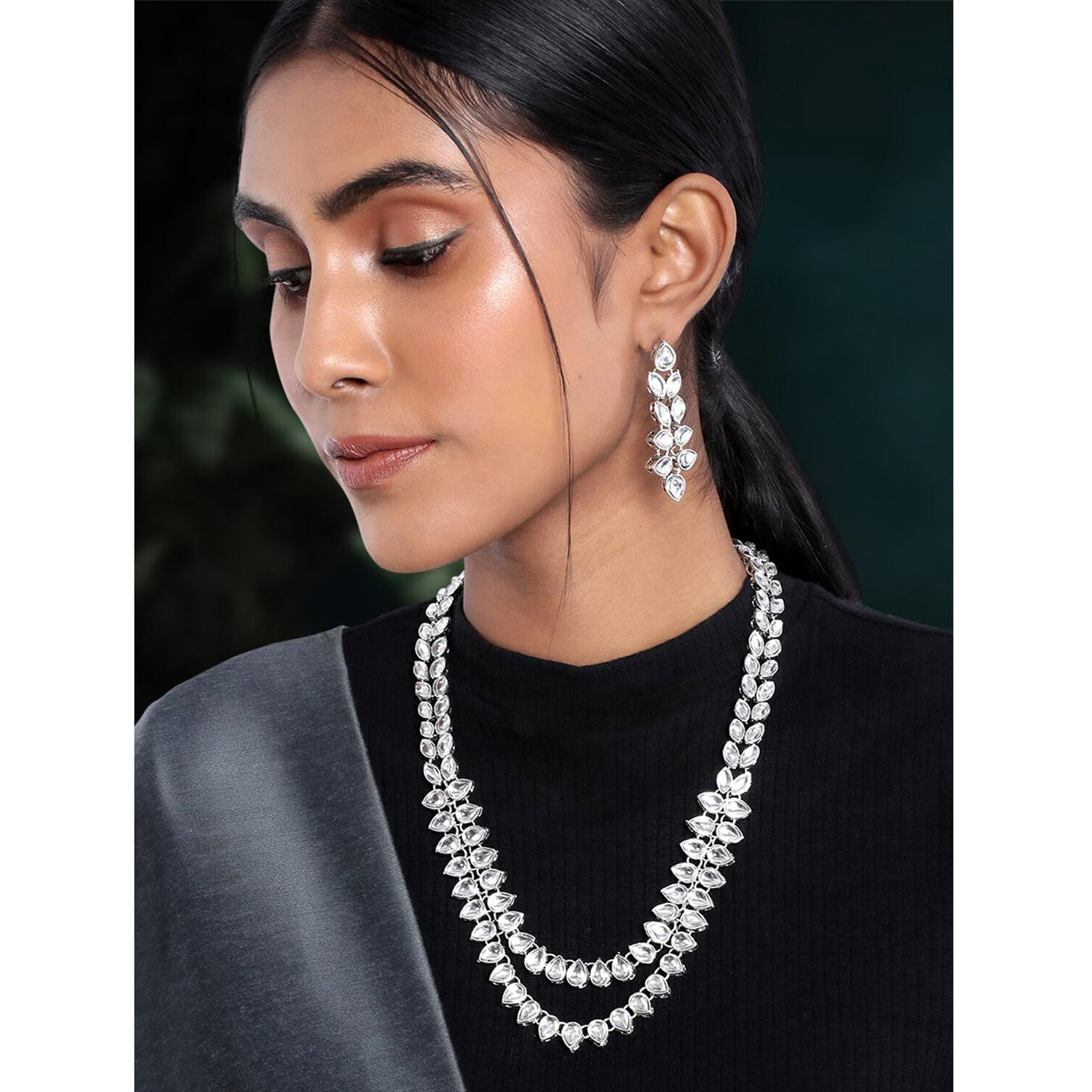 Peora Silver Plated Kundan Long Necklace Set with Earring for Women Girls