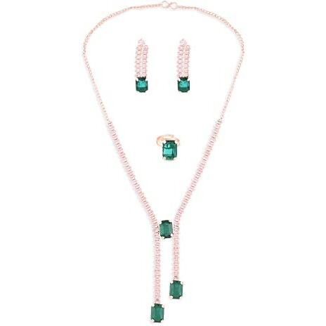ZAVERI PEARLS Green Dazzling Contemporary Necklace Earring & Ring Set For Women-ZPFK14400