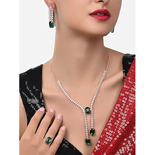 ZAVERI PEARLS Green Dazzling Contemporary Necklace Earring & Ring Set For Women-ZPFK14400