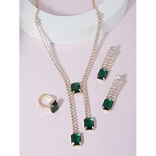 ZAVERI PEARLS Green Dazzling Contemporary Necklace Earring & Ring Set For Women-ZPFK14400