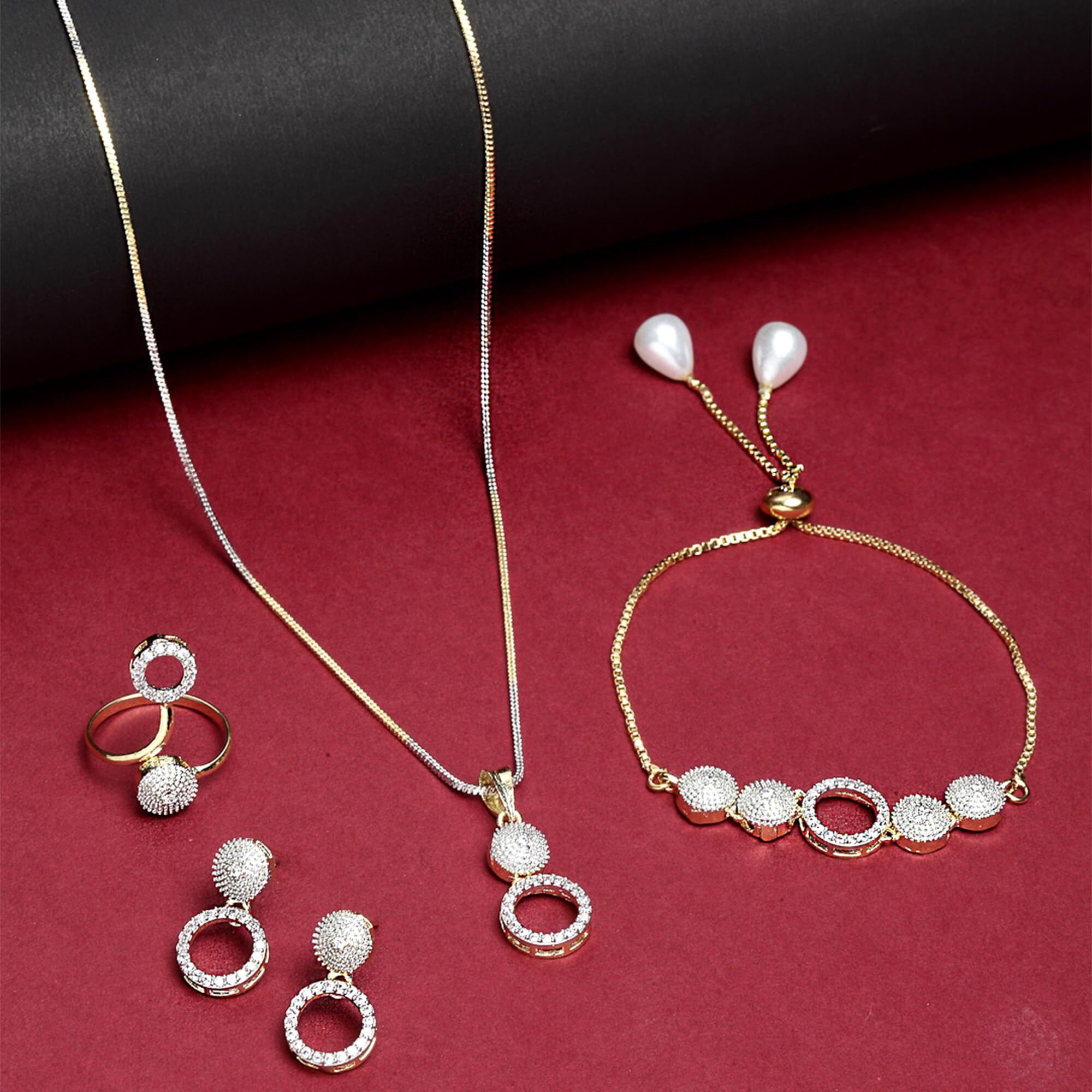 ZENEME Jewellery Set American Diamond Round Shaped Necklace Set with Earrings, Bracelet and Ring Jewellery for Girls and Women