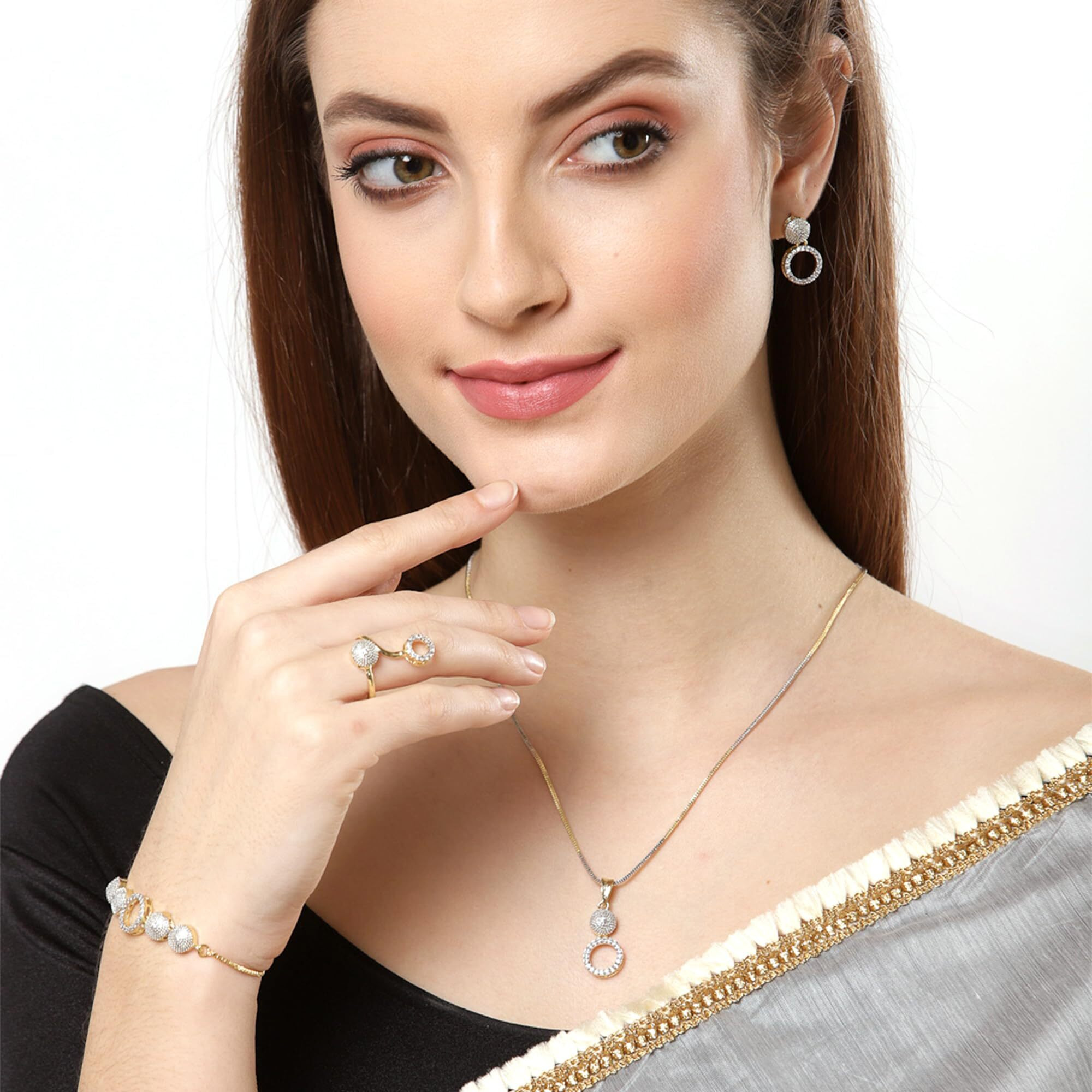 ZENEME Jewellery Set American Diamond Round Shaped Necklace Set with Earrings, Bracelet and Ring Jewellery for Girls and Women